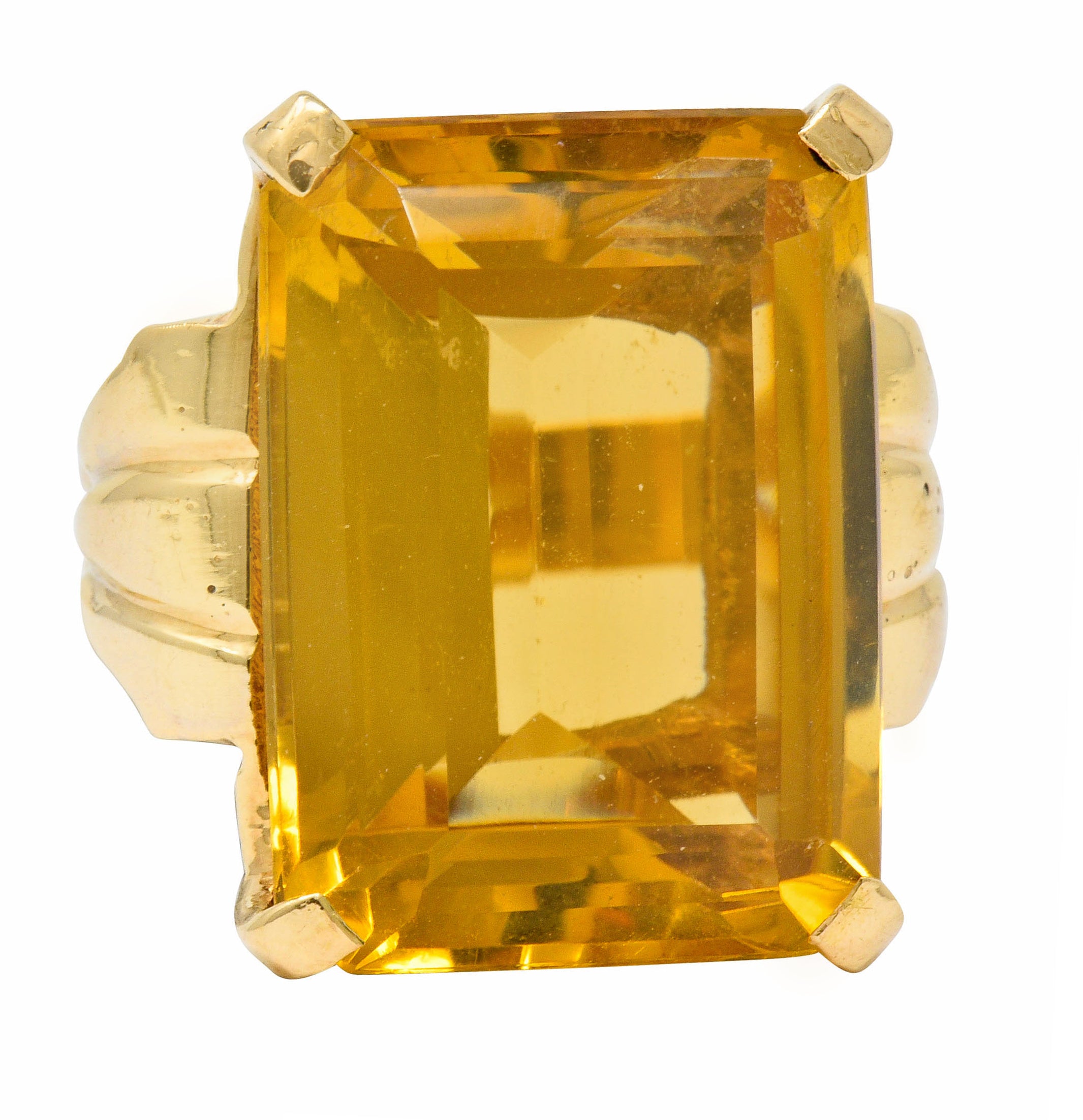 Retro Emerald Cut Citrine 14 Karat Gold Statement Ring Circa 1940 - Wilson's Estate Jewelry