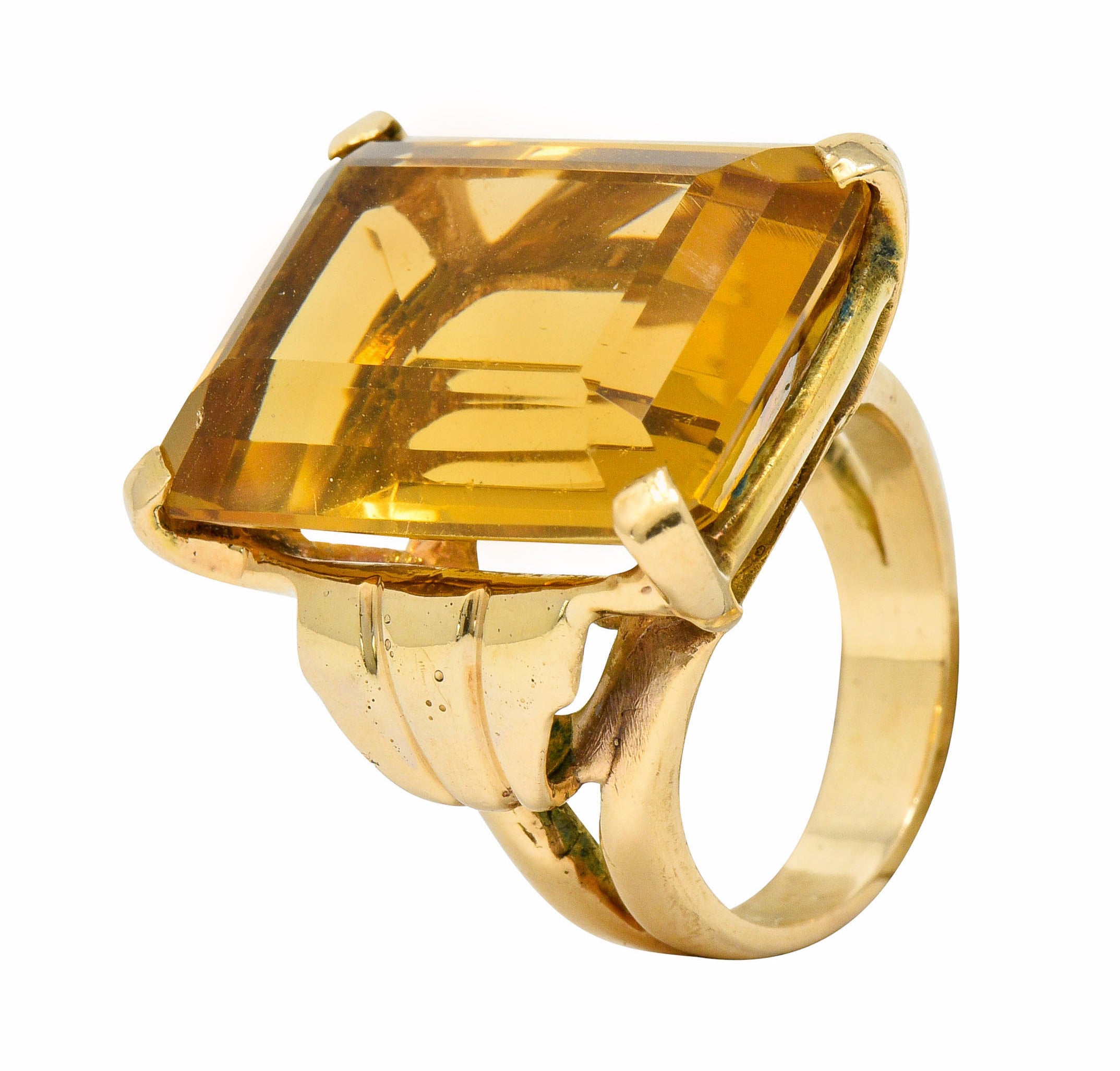 Retro Emerald Cut Citrine 14 Karat Gold Statement Ring Circa 1940 - Wilson's Estate Jewelry