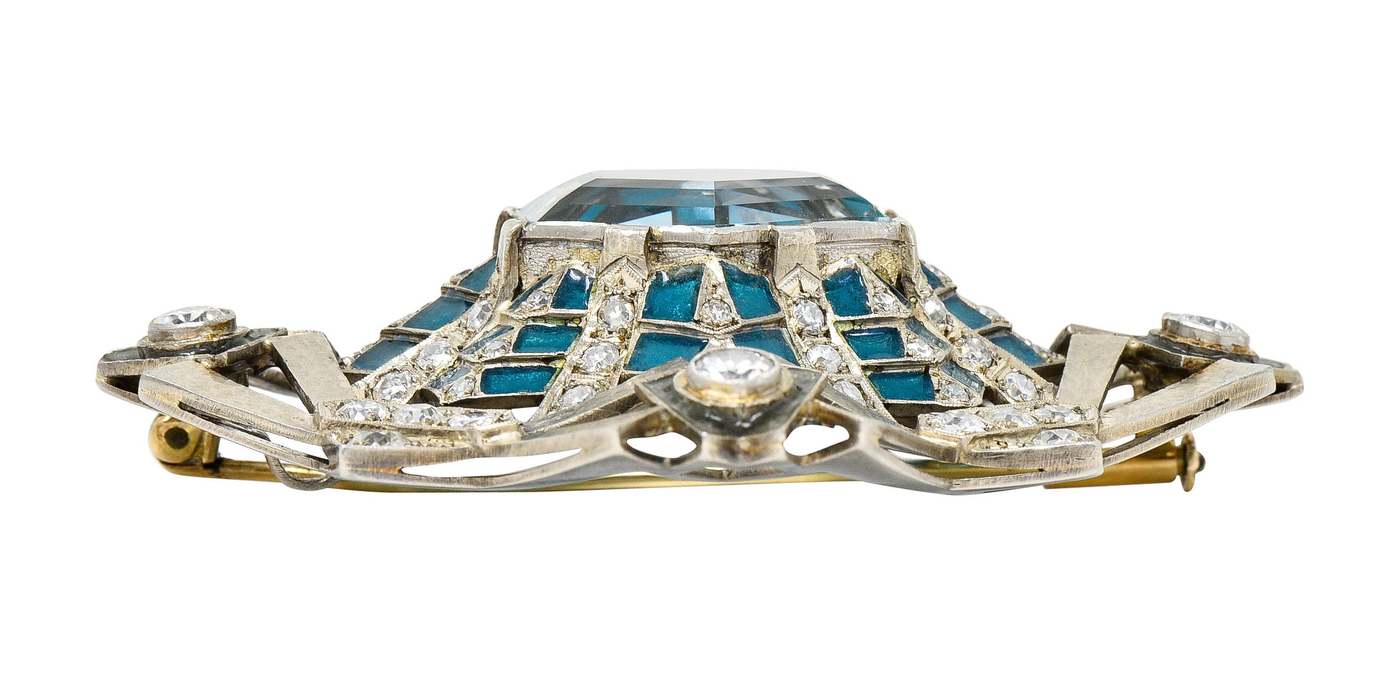 Art Deco 16.90 CTW Aquamarine Diamond Plique-A-Jour 14 Karat White Gold BroochBrooch - Wilson's Estate Jewelry