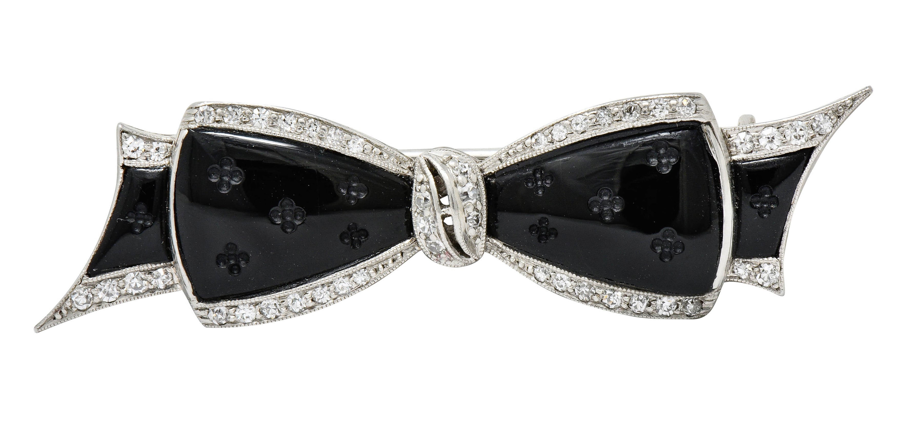 J.E. Caldwell Art Deco Diamond Onyx Platinum Bow Brooch - Wilson's Estate Jewelry