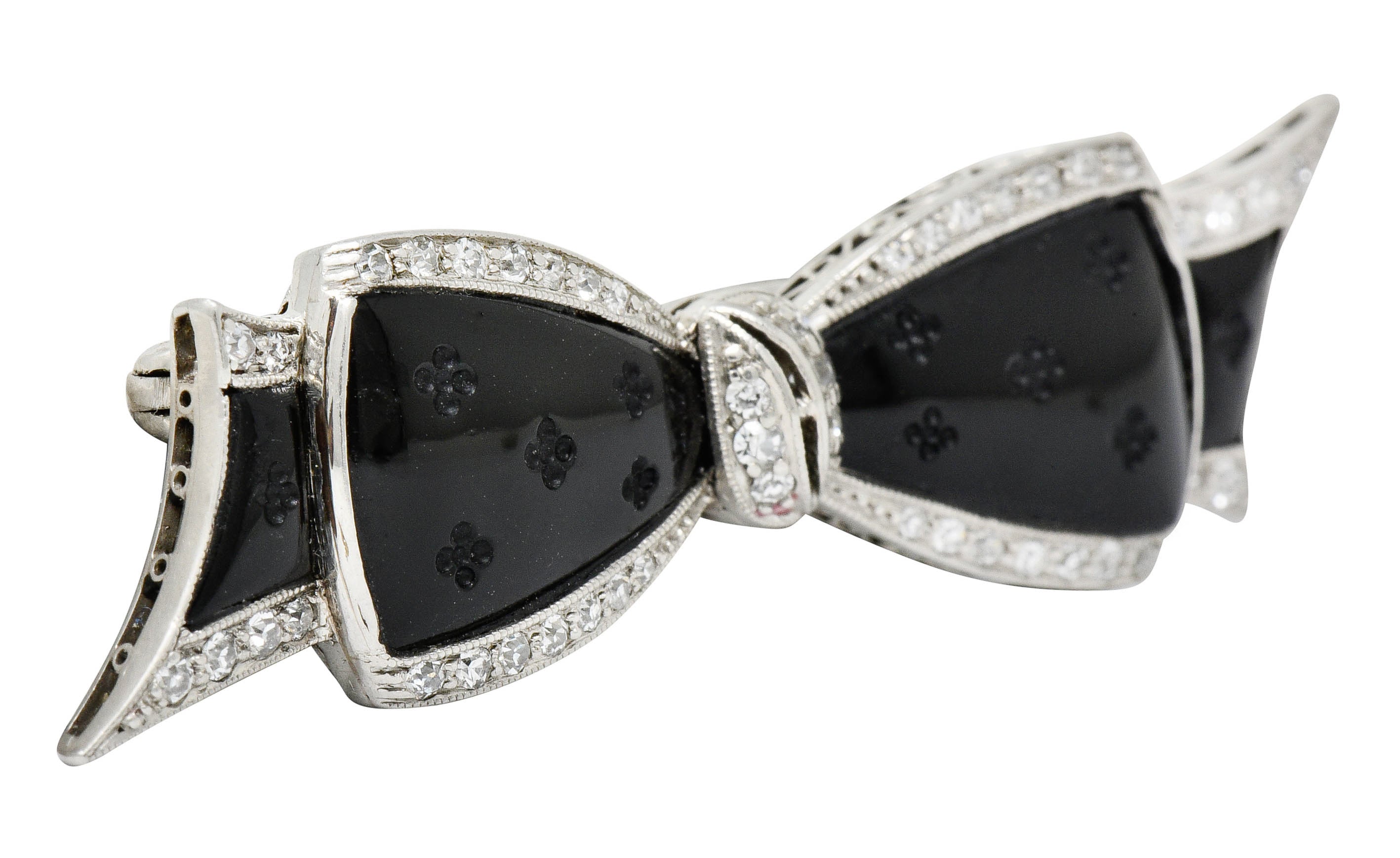 J.E. Caldwell Art Deco Diamond Onyx Platinum Bow Brooch - Wilson's Estate Jewelry