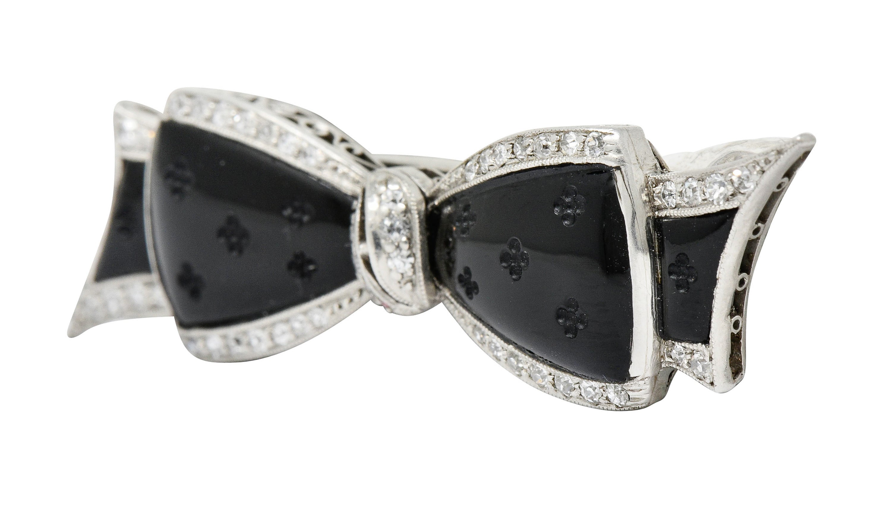 J.E. Caldwell Art Deco Diamond Onyx Platinum Bow Brooch - Wilson's Estate Jewelry