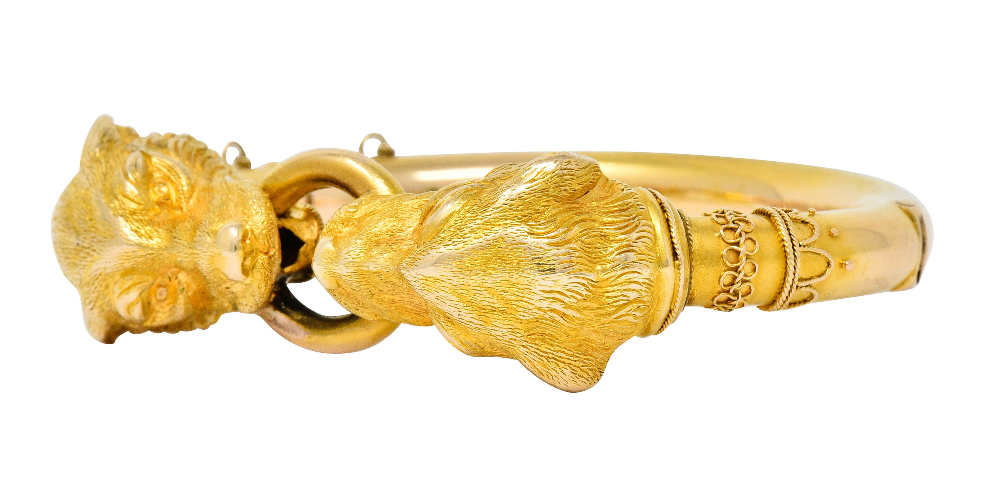 Victorian Etruscan Revival 18 Karat Gold Double Lion Head Cuff Bracelet - Wilson's Estate Jewelry