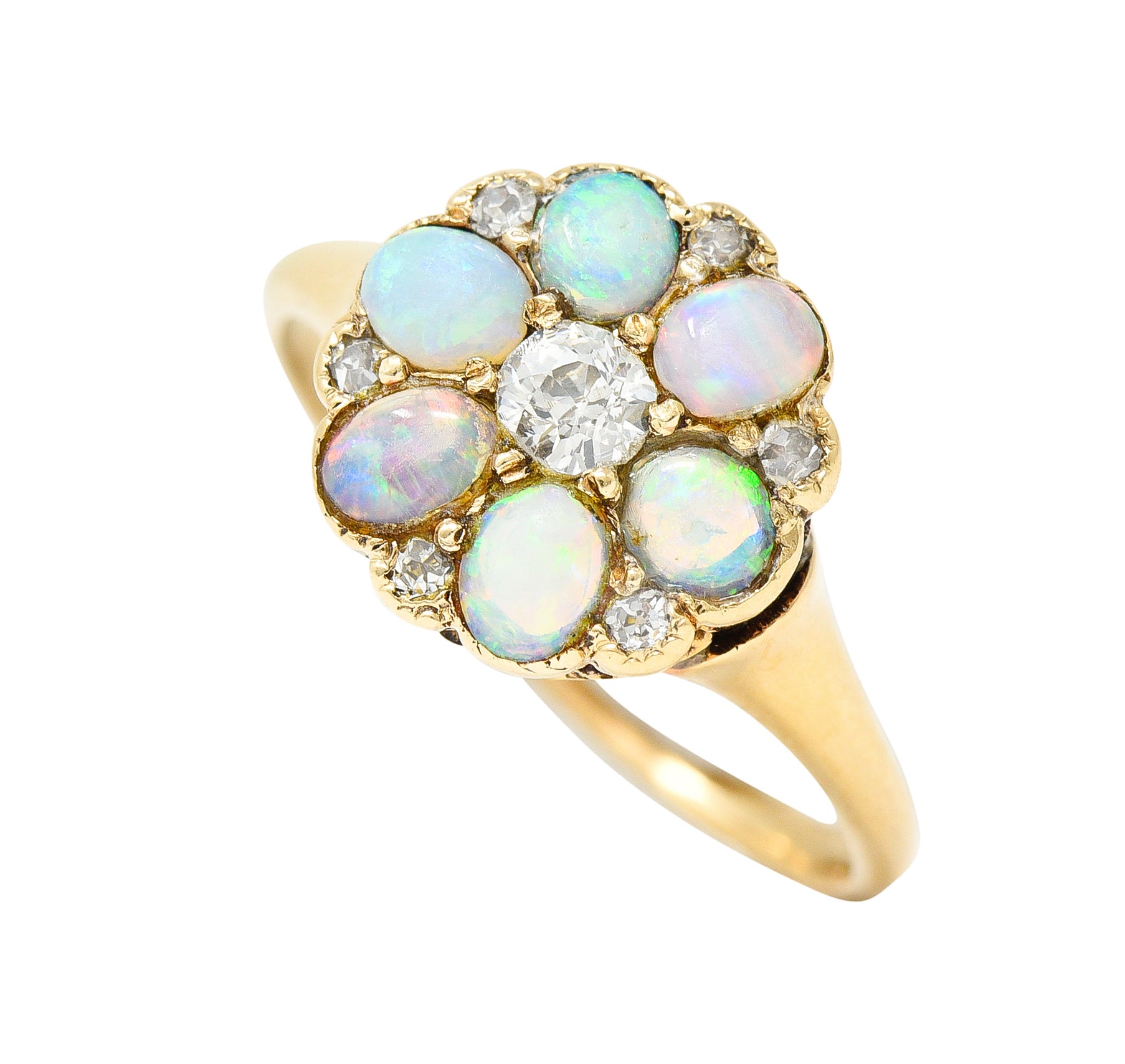 Victorian Old European Cut Diamond Opal Cabochon 14 Karat Yellow Gold Floral Antique Cluster Ring Wilson's Estate Jewelry