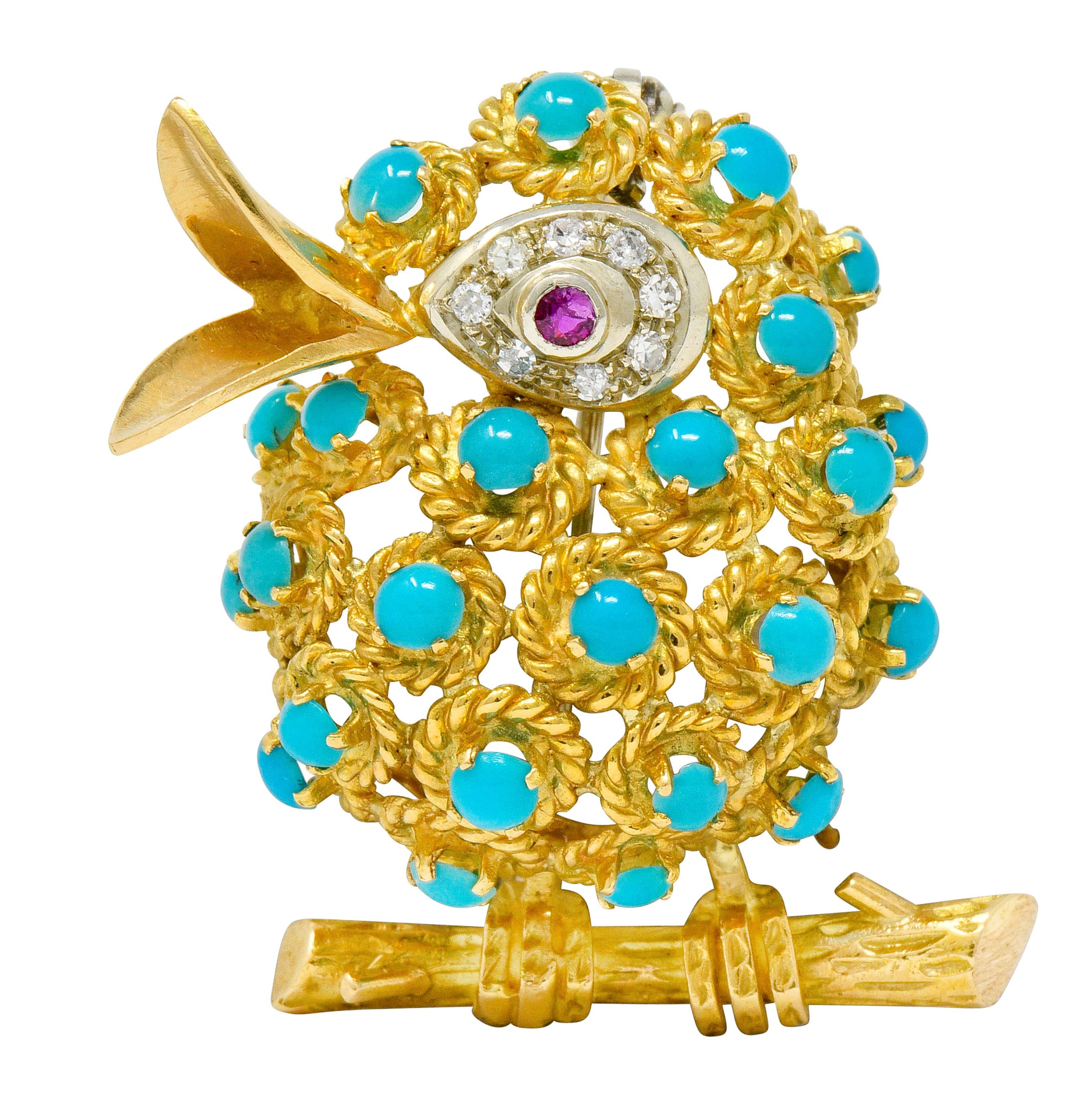 1960's Vintage Turquoise Diamond Ruby 18 Karat Gold Singing Bird Brooch - Wilson's Estate Jewelry