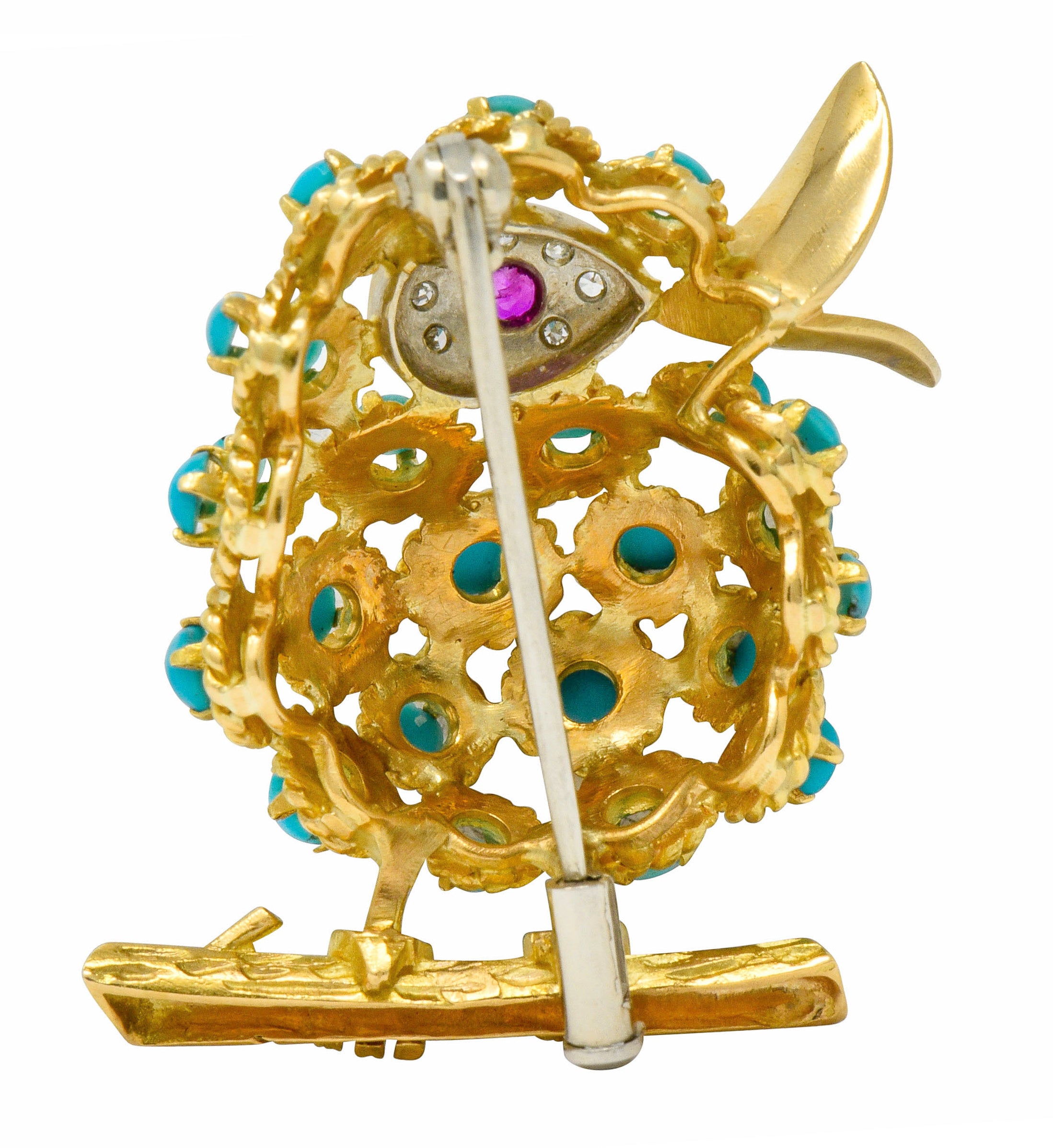 1960's Vintage Turquoise Diamond Ruby 18 Karat Gold Singing Bird Brooch - Wilson's Estate Jewelry