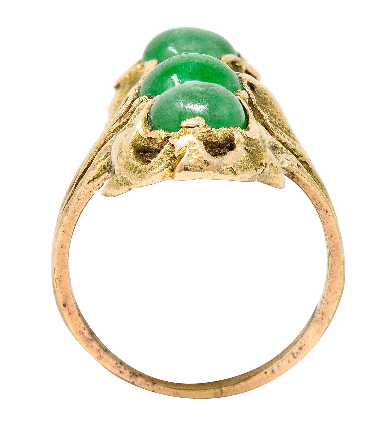 Walton & Co. Arts & Crafts Jade Cabochon 14 Karat Yellow Gold Antique Ginkgo Ring Wilson's Estate Jewelry