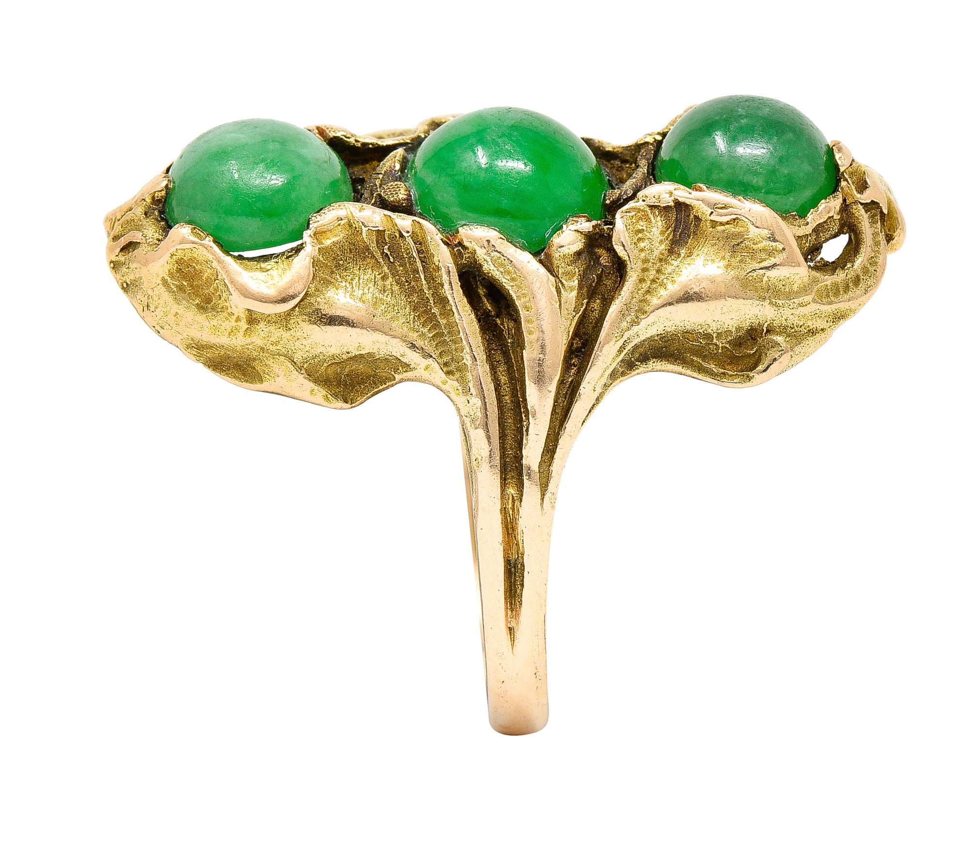 Walton & Co. Arts & Crafts Jade Cabochon 14 Karat Yellow Gold Antique Ginkgo Ring Wilson's Estate Jewelry