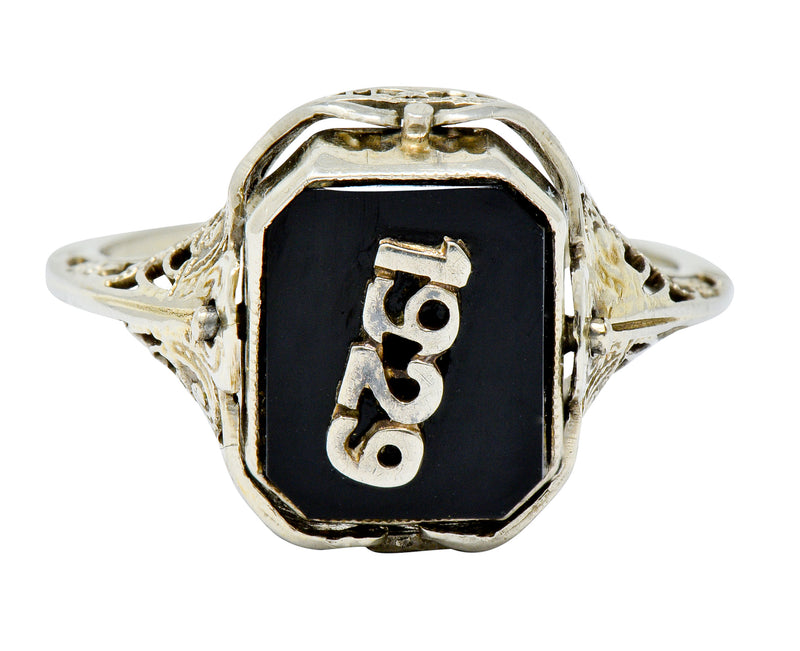 1929 Art Deco Onyx Shell Cameo 14 Karat White Gold Date Flip Ring - Wilson's Estate Jewelry