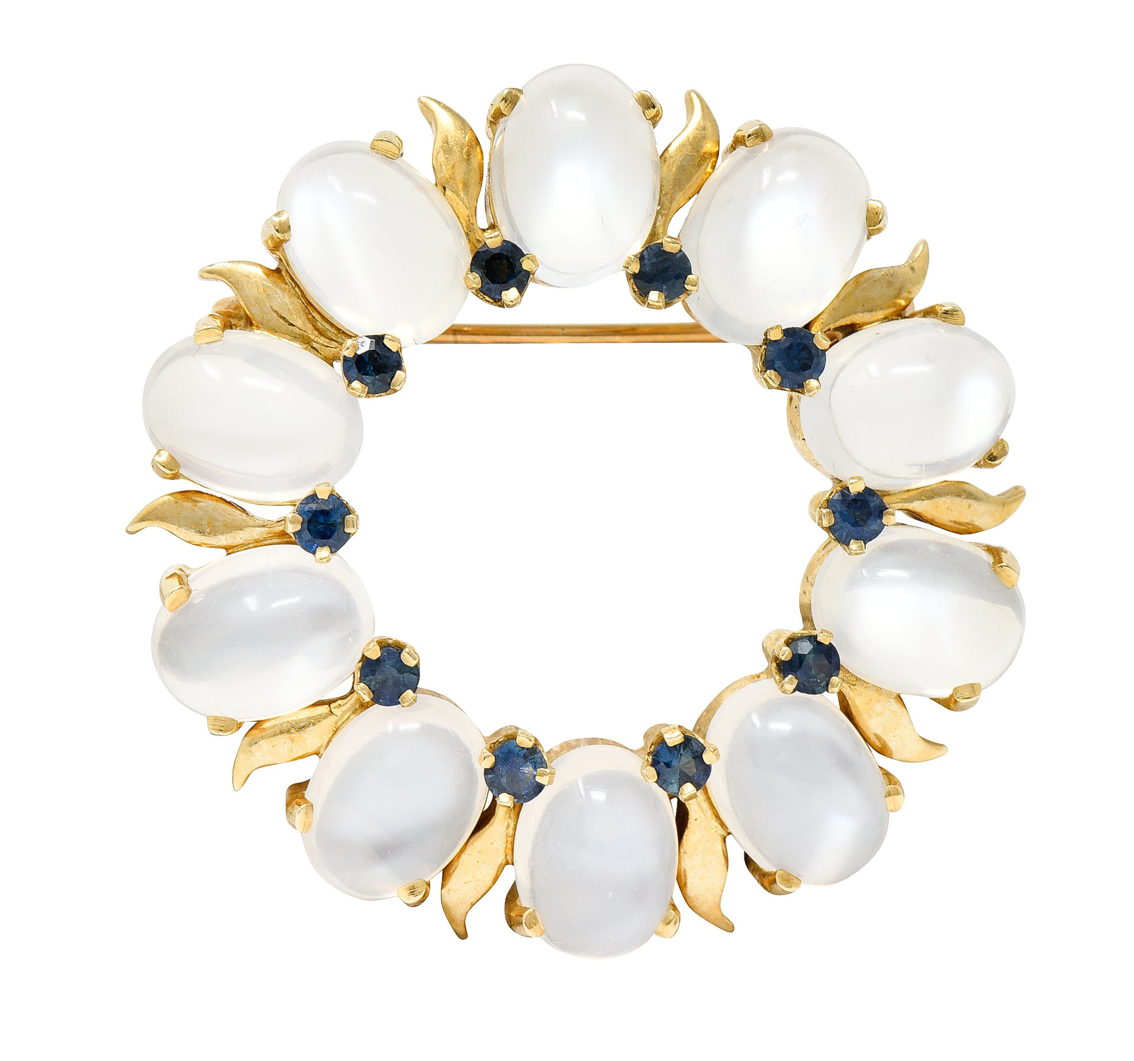 Tiffany & Co. Retro Sapphire Moonstone 14 Karat Gold Wreath BroochBrooches & Lapel Pins - Wilson's Estate Jewelry