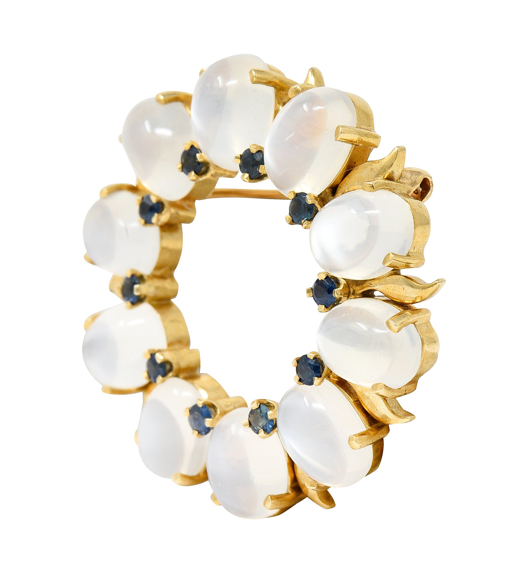 Tiffany & Co. Retro Sapphire Moonstone 14 Karat Gold Wreath BroochBrooches & Lapel Pins - Wilson's Estate Jewelry