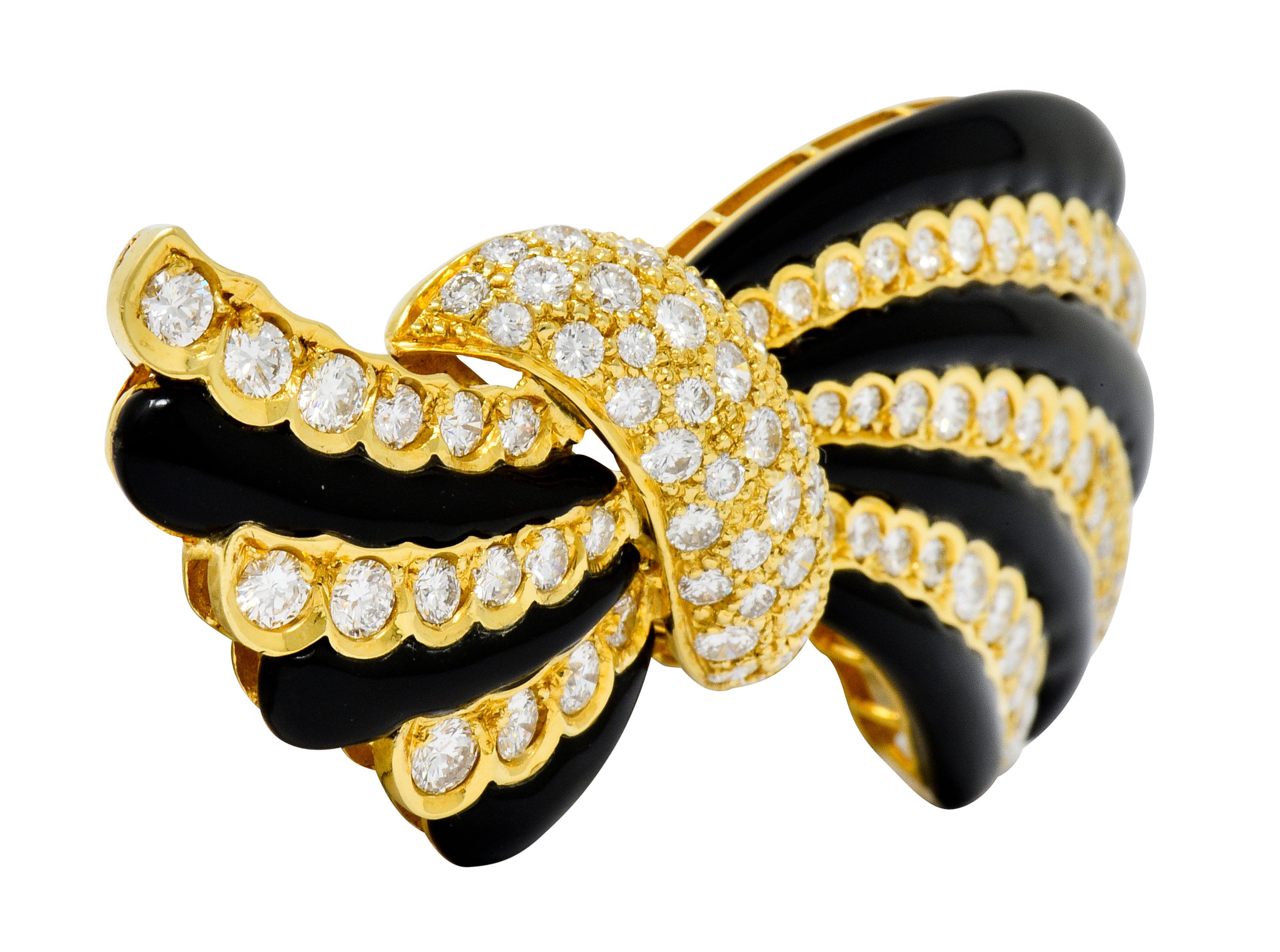 1970's Vintage 5.55 CTW Diamond Onyx 18 Karat Gold Striped Bow Brooch - Wilson's Estate Jewelry