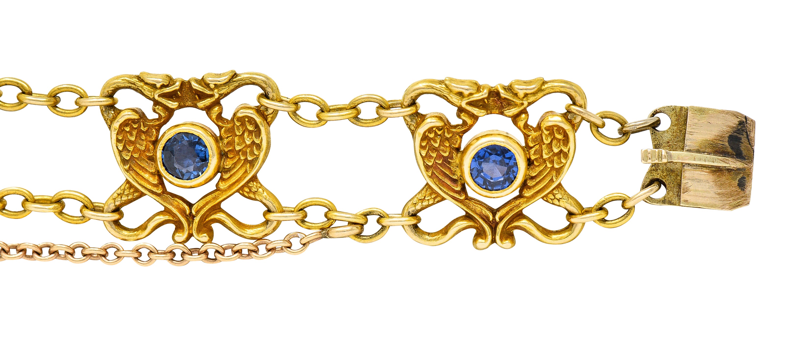 Art Nouveau 2.25 CTW Sapphire 18 Karat Yellow Gold Serpent Dragon Link BraceletBracelets - Wilson's Estate Jewelry