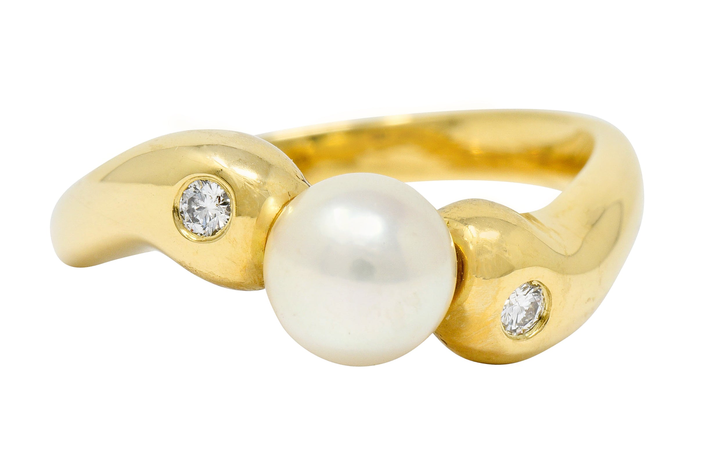 Mikimoto Diamond Cultured Pearl 18 Karat Gold Three Stone Ring - Wilson's Estate Jewelry