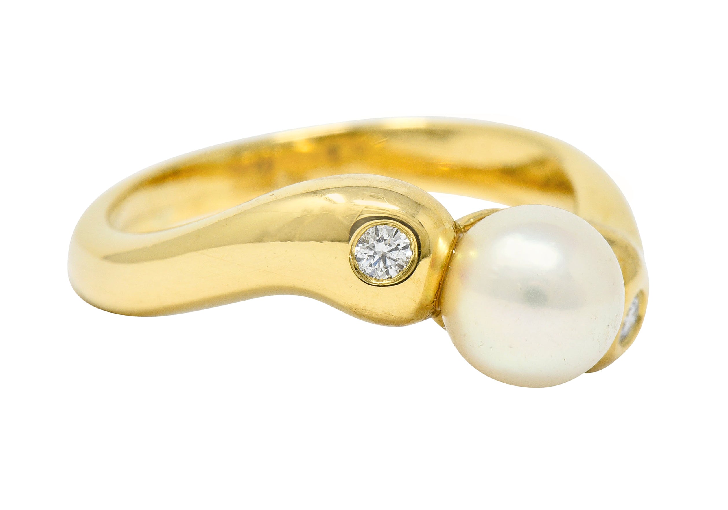 Mikimoto Diamond Cultured Pearl 18 Karat Gold Three Stone Ring - Wilson's Estate Jewelry