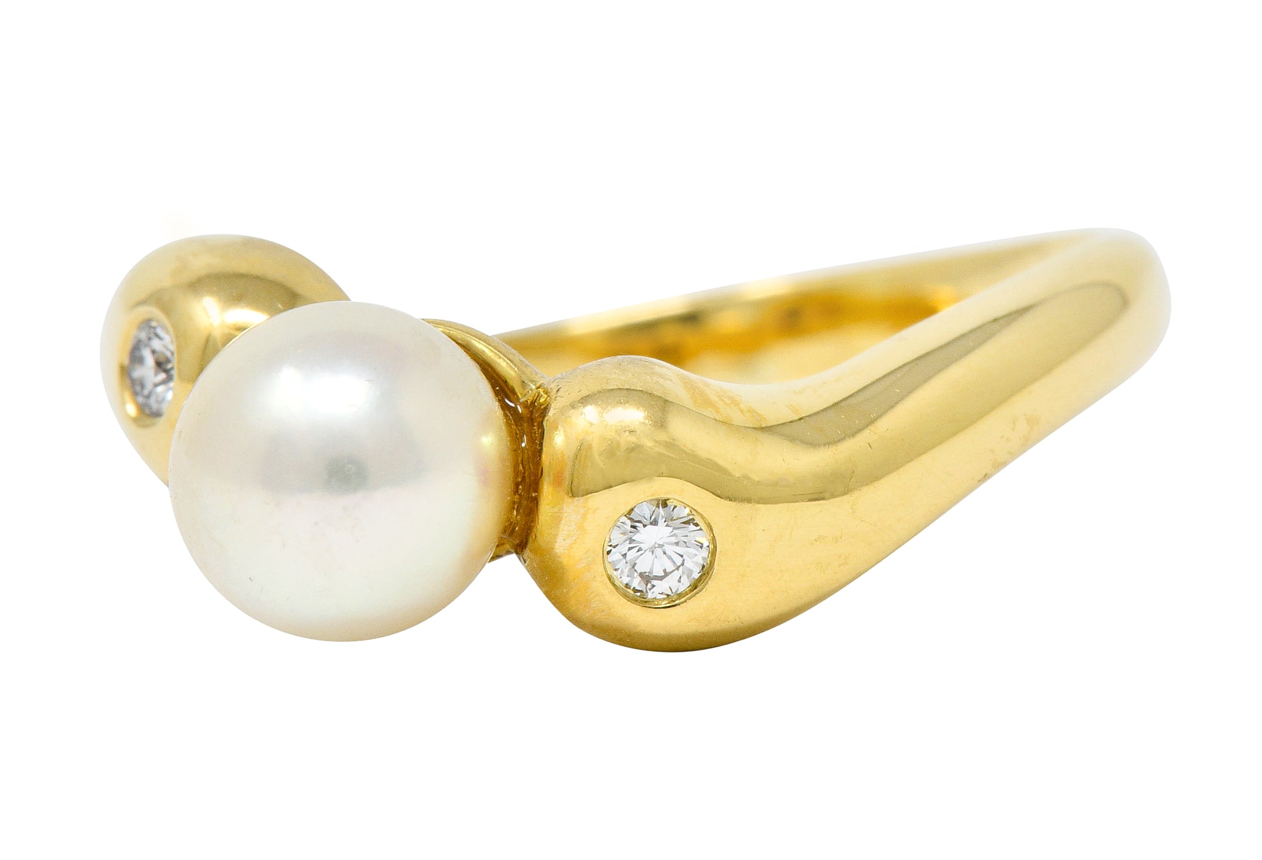 Mikimoto Diamond Cultured Pearl 18 Karat Gold Three Stone Ring - Wilson's Estate Jewelry