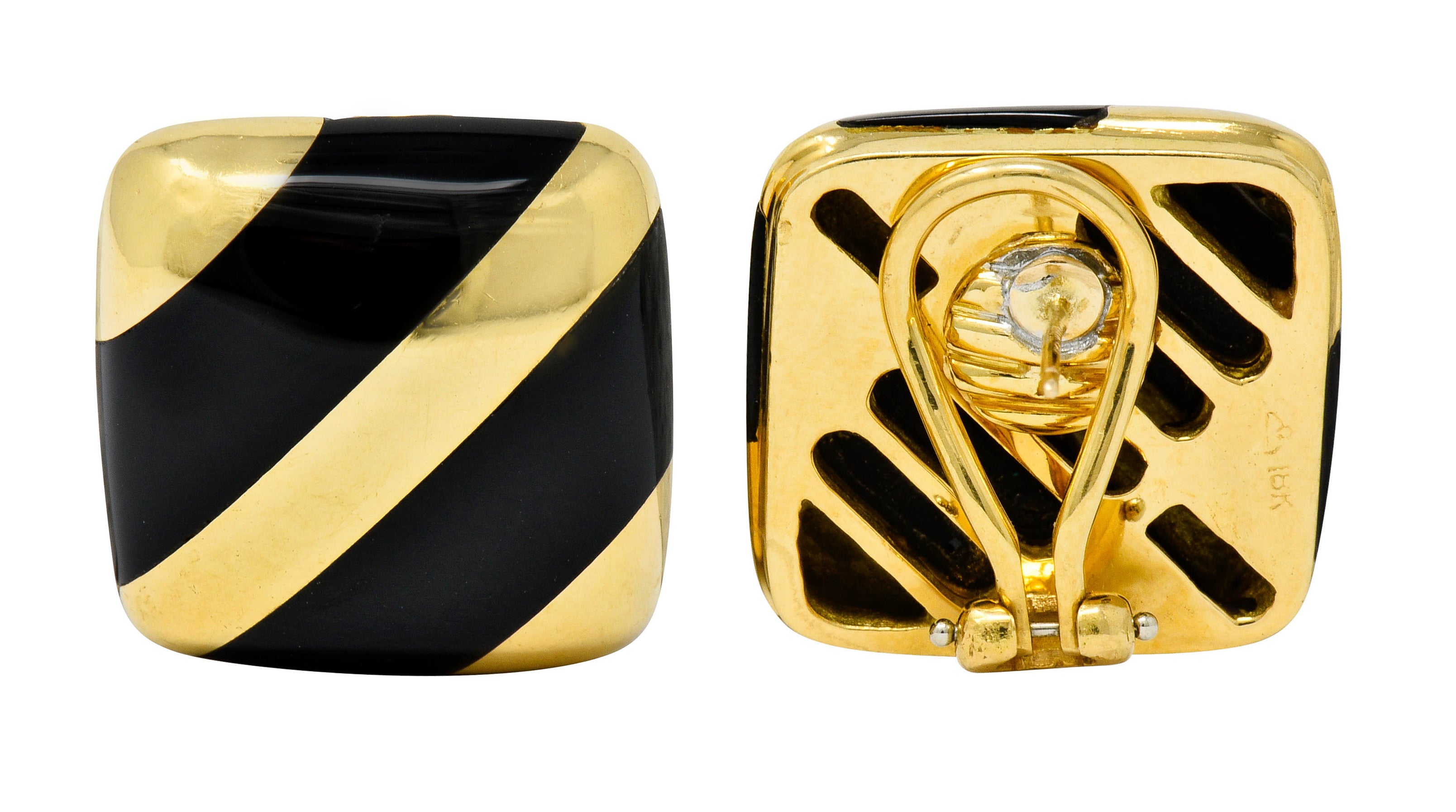 Vintage Onyx 18 Karat Gold Striped Cushion Earrings Contemporary - Wilson's Estate Jewelry