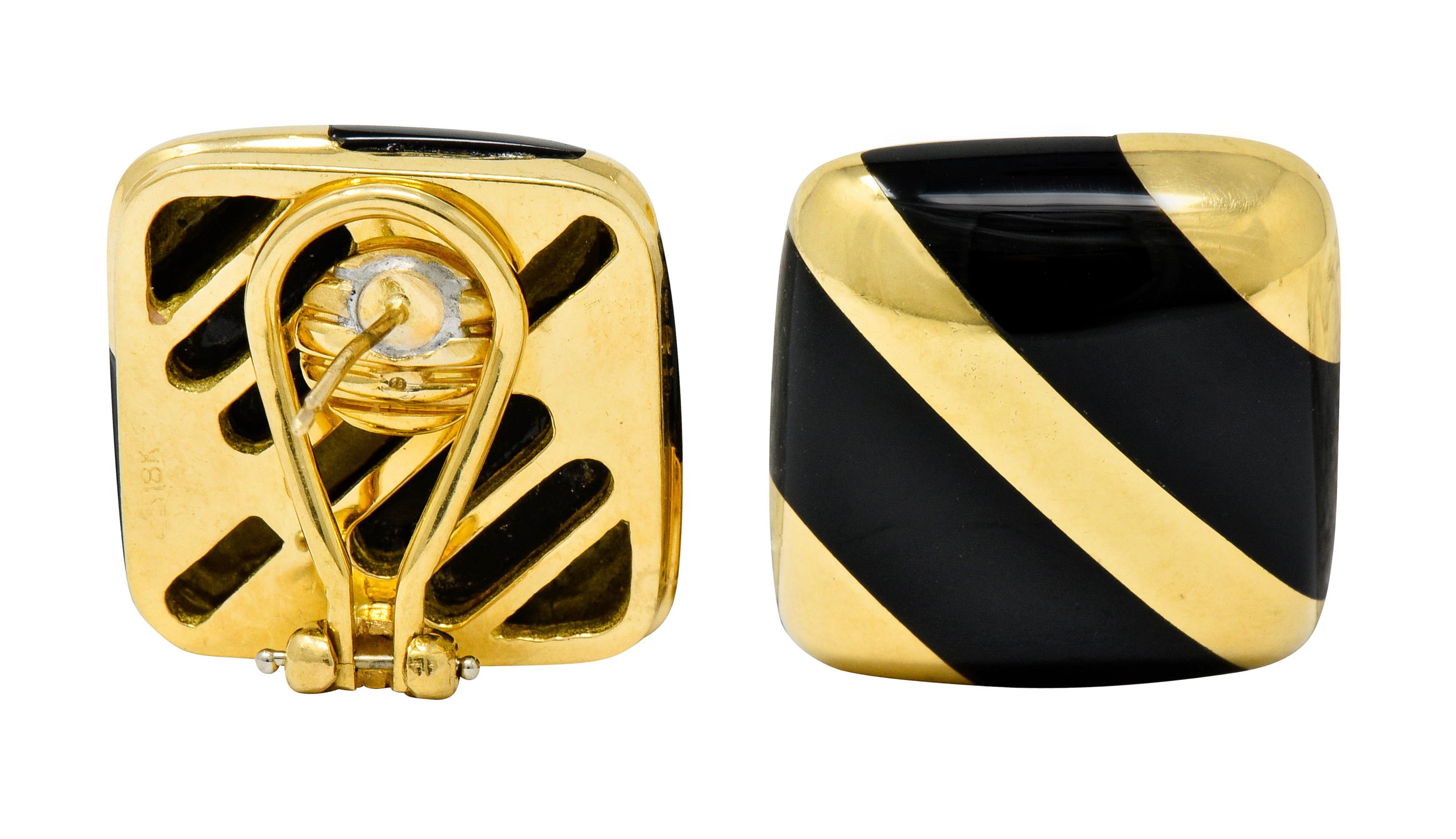 Vintage Onyx 18 Karat Gold Striped Cushion Earrings Contemporary - Wilson's Estate Jewelry