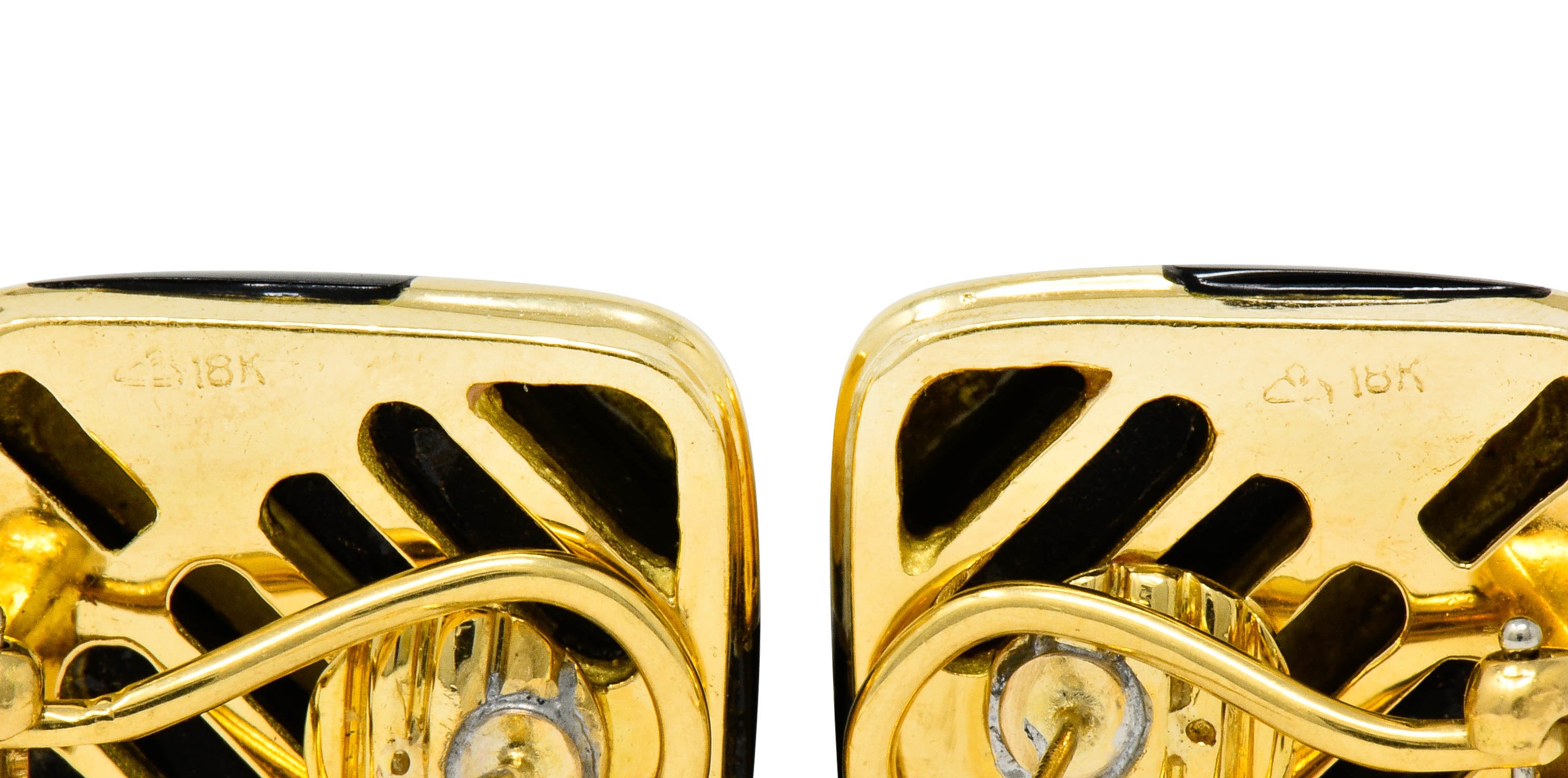 Vintage Onyx 18 Karat Gold Striped Cushion Earrings Contemporary - Wilson's Estate Jewelry