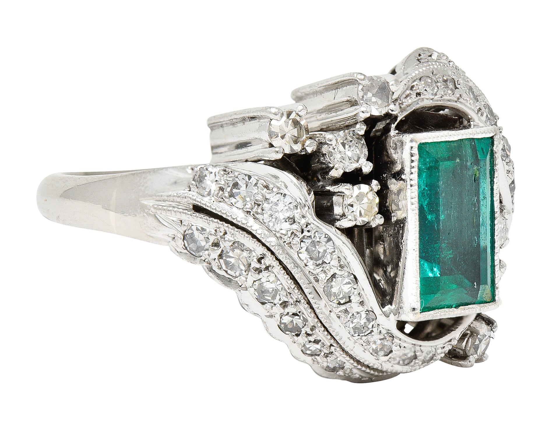 Art Deco 1.90 CTW Emerald Diamond Platinum Bypass Gemstone Cocktail Ring Wilson's Estate Jewelry