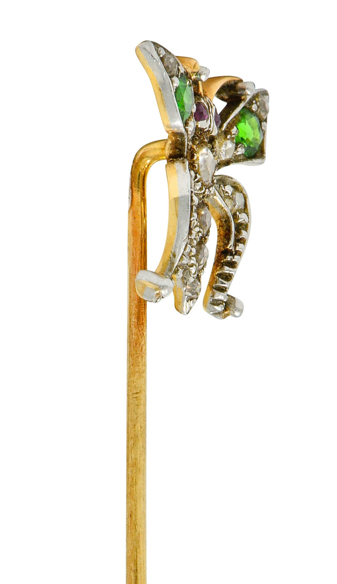 Victorian Demantoid Garnet Diamond Silver-Topped Gold Butterfly Stickpin - Wilson's Estate Jewelry