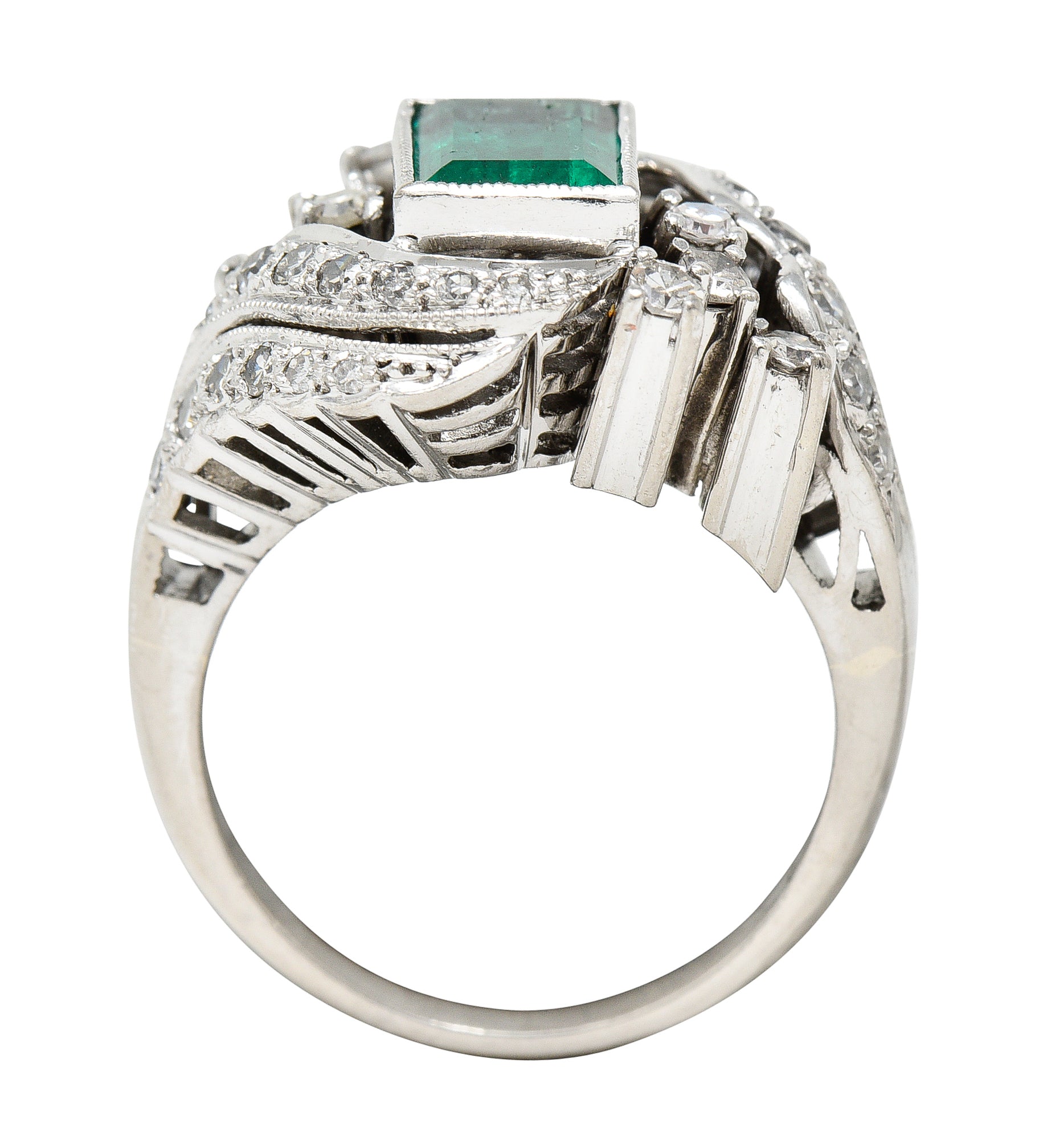 Art Deco 1.90 CTW Emerald Diamond Platinum Bypass Gemstone Cocktail Ring Wilson's Estate Jewelry