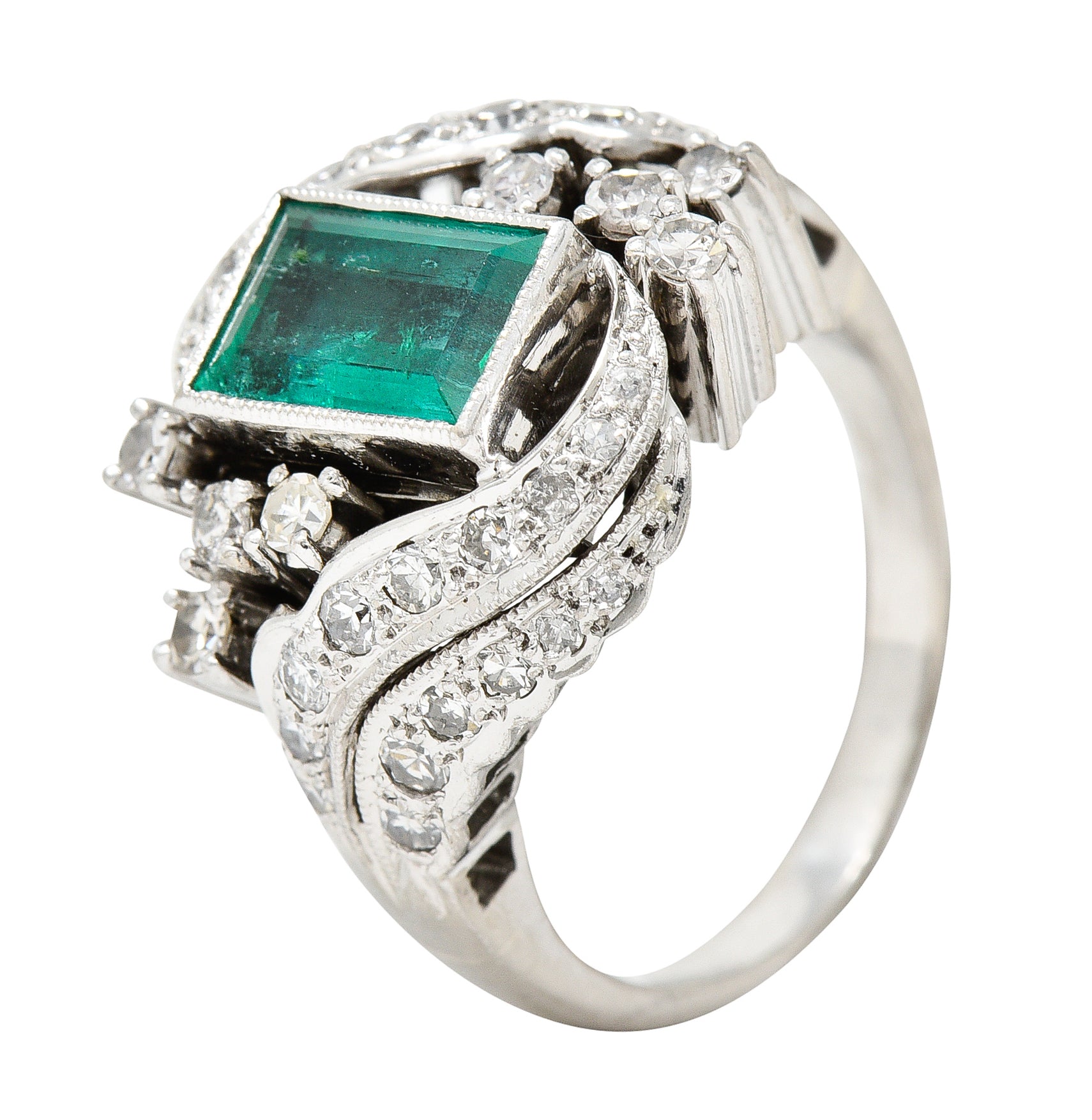 Art Deco 1.90 CTW Emerald Diamond Platinum Bypass Gemstone Cocktail Ring Wilson's Estate Jewelry