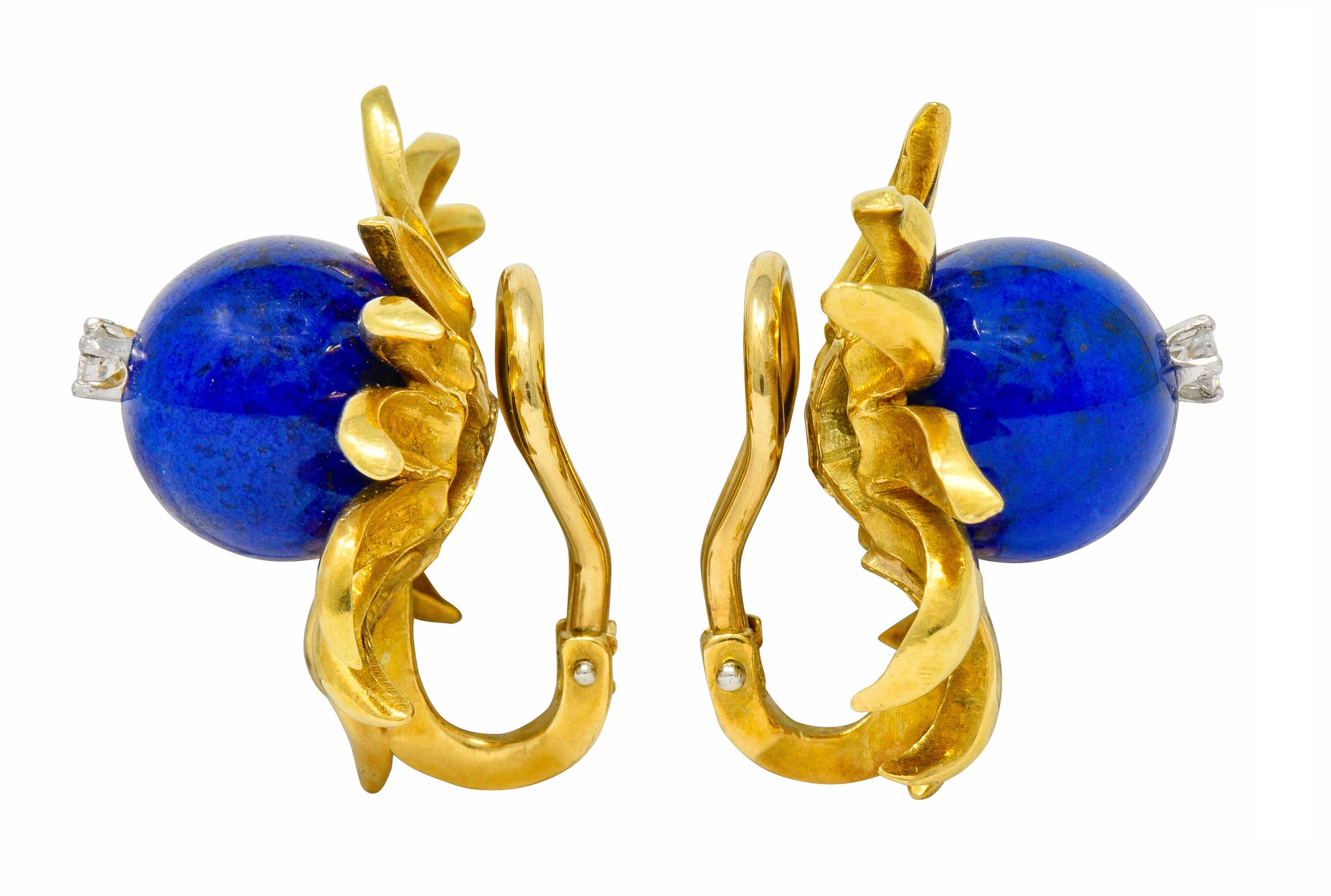 Schlumberger Tiffany & Co. Lapis Diamond 18 Karat Gold Floral Ear-Clip Earrings - Wilson's Estate Jewelry