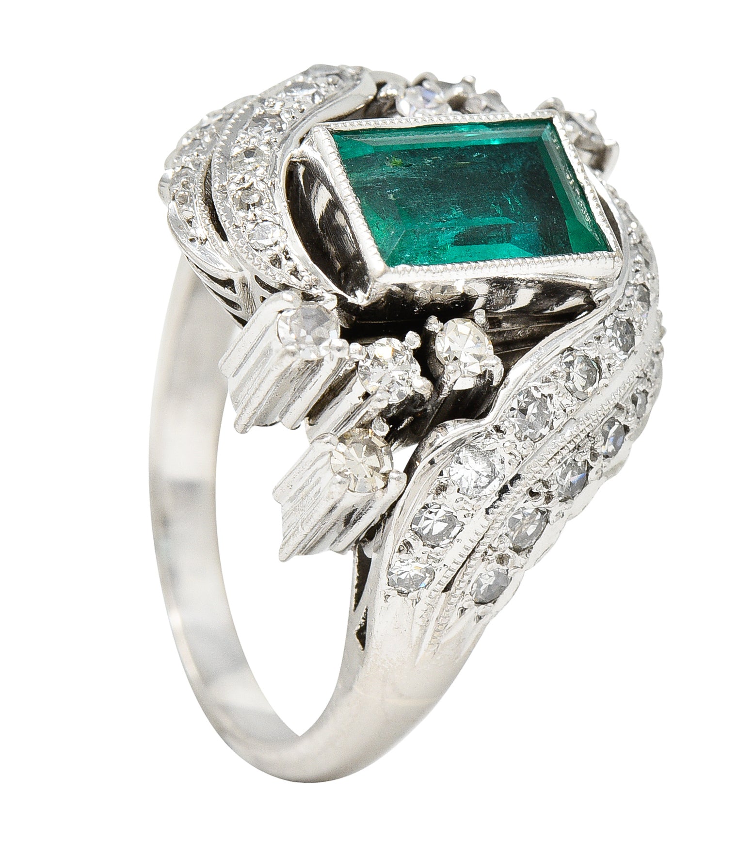 Art Deco 1.90 CTW Emerald Diamond Platinum Bypass Gemstone Cocktail Ring Wilson's Estate Jewelry