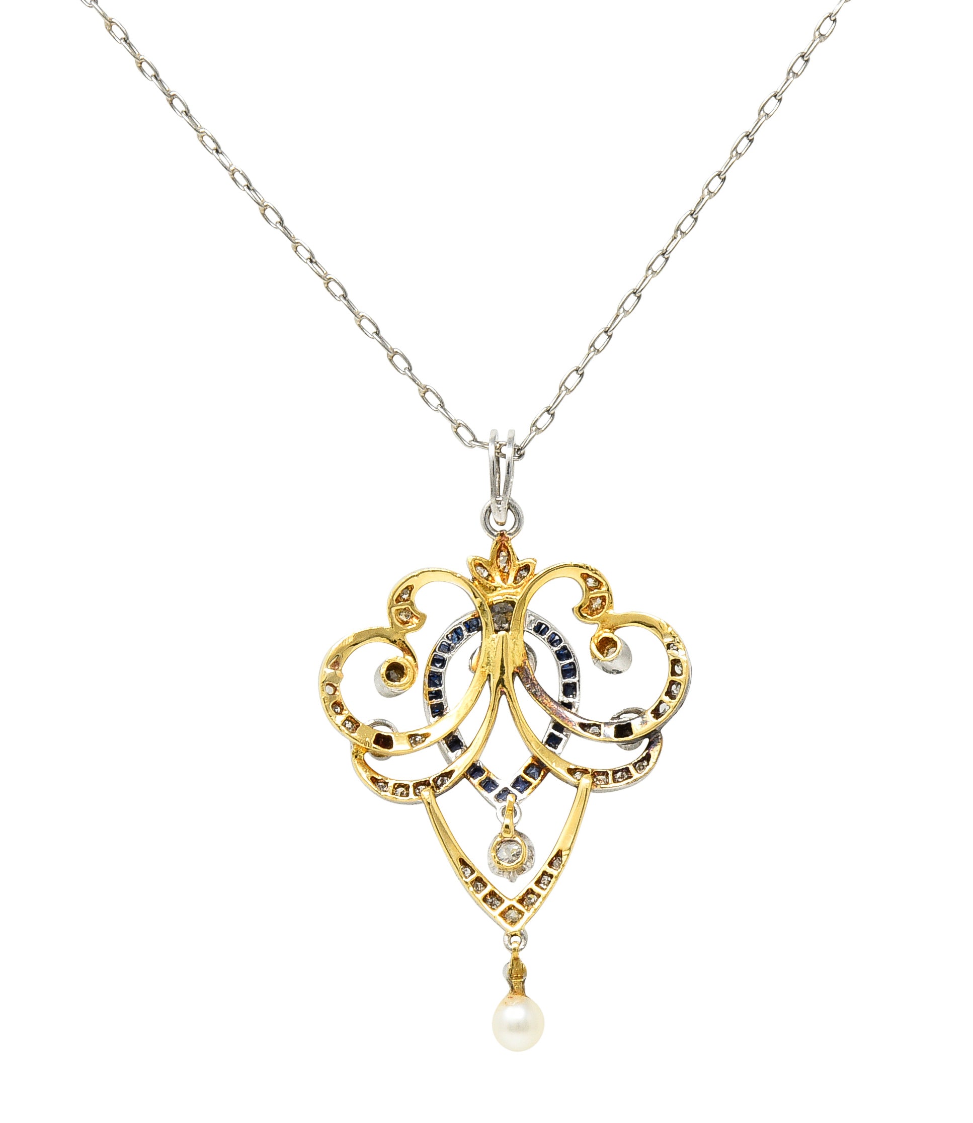 Edwardian Diamond Sapphire Pearl Platinum-Topped 14 Karat Yellow Gold Scrolling Ribbon Antique Pendant Necklace Wilson's Estate Jewelry