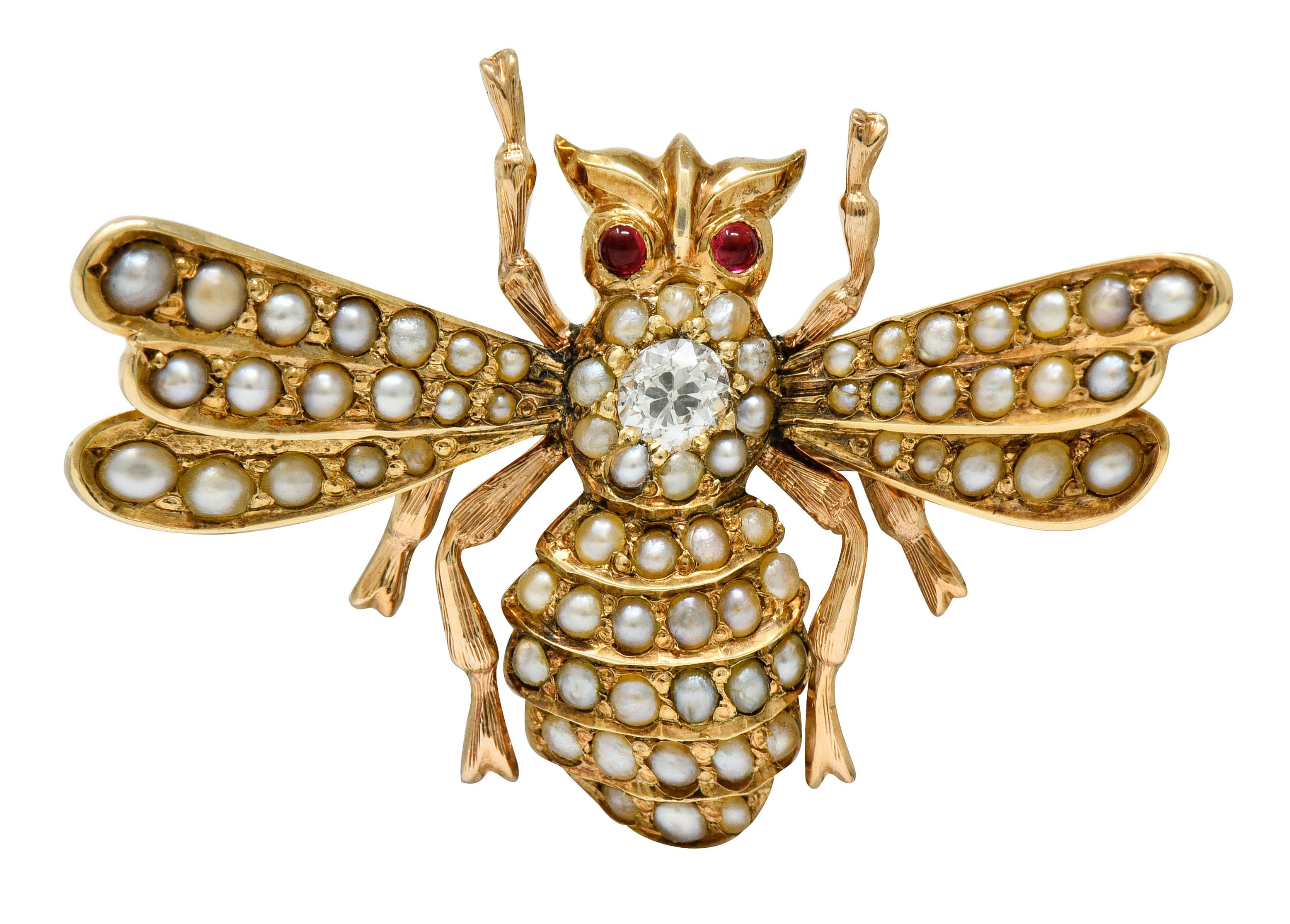 Victorian Diamond Natural Freshwater Pearl 14 Karat Gold Insect Brooch Circa 1900 - Wilson's Estate Jewelry