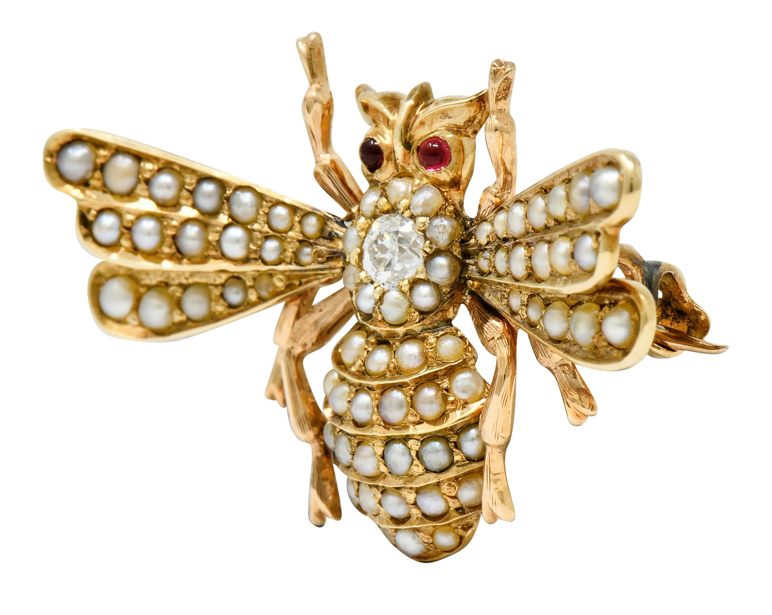 Victorian Diamond Natural Freshwater Pearl 14 Karat Gold Insect Brooch Circa 1900 - Wilson's Estate Jewelry