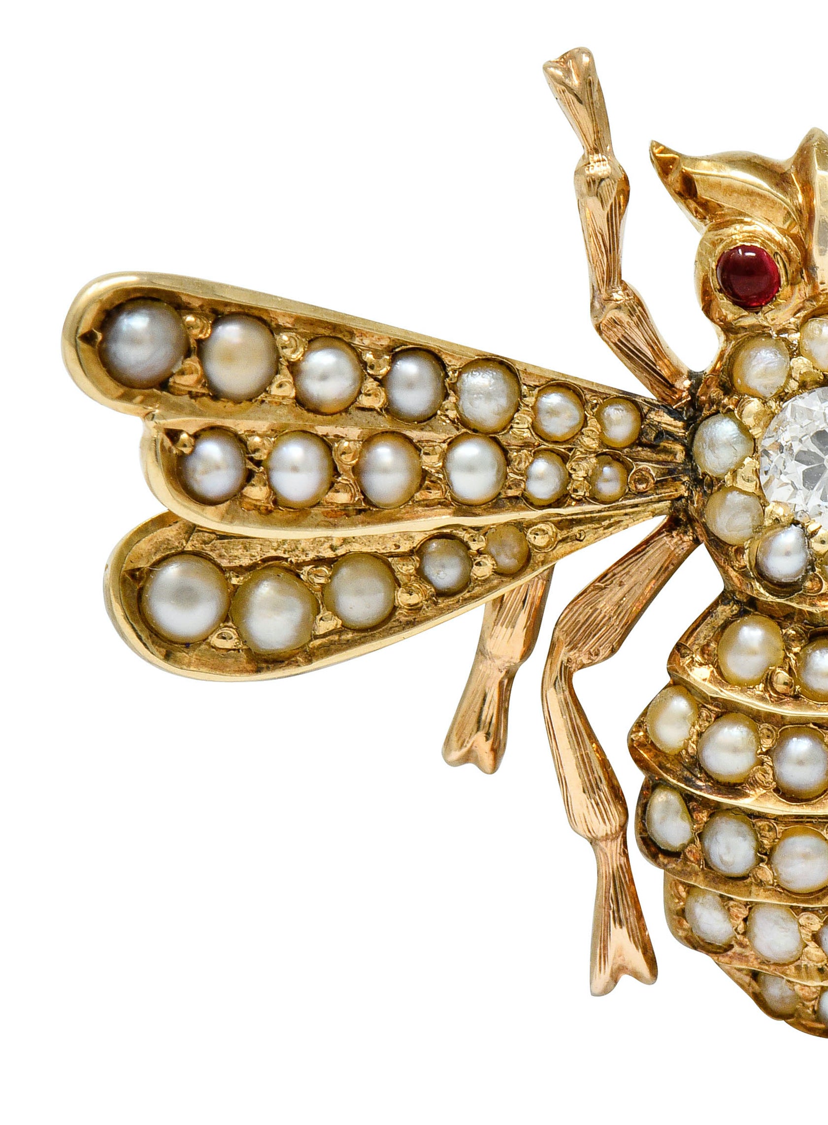 Victorian Diamond Natural Freshwater Pearl 14 Karat Gold Insect Brooch Circa 1900 - Wilson's Estate Jewelry