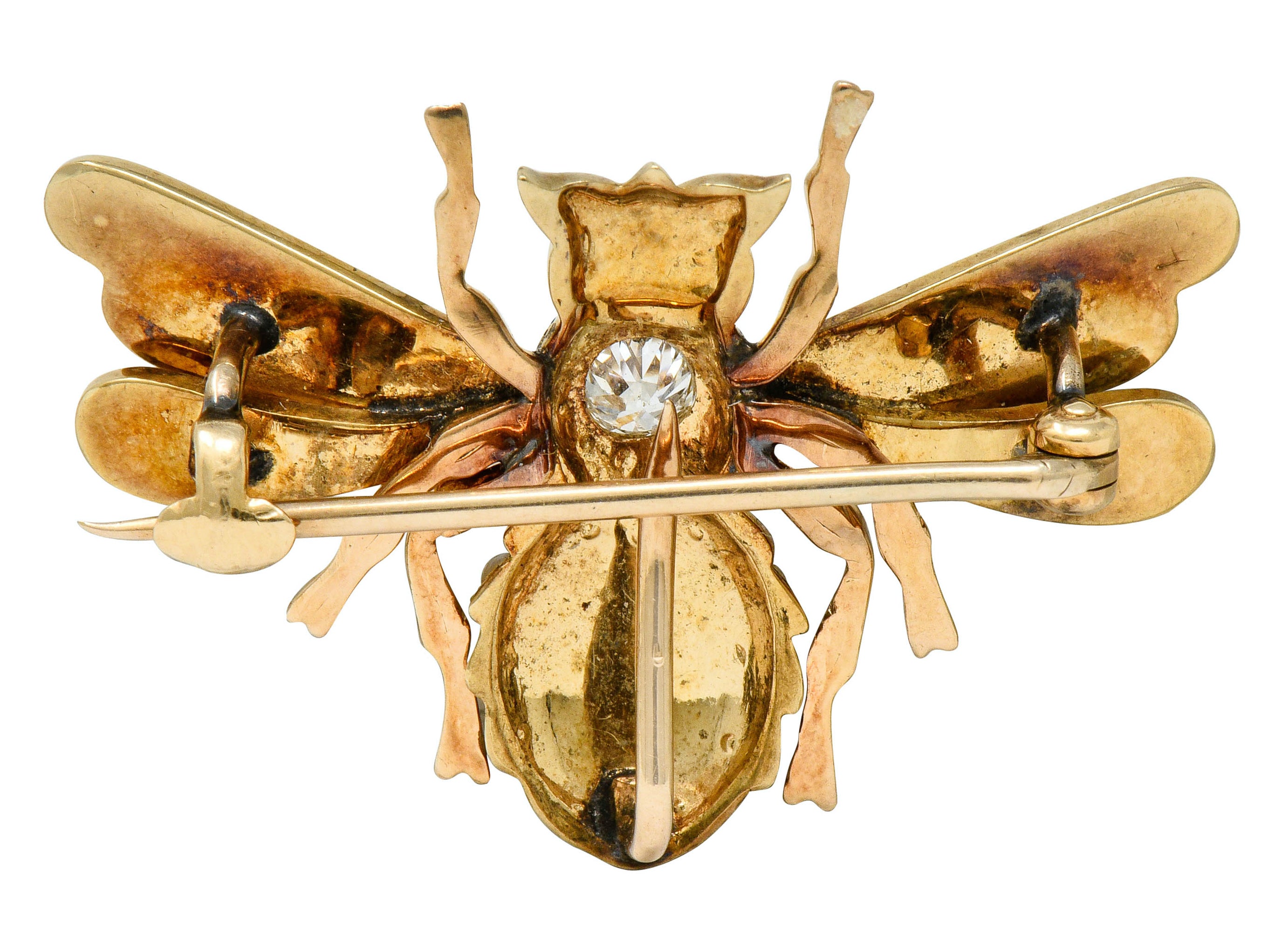 Victorian Diamond Natural Freshwater Pearl 14 Karat Gold Insect Brooch Circa 1900 - Wilson's Estate Jewelry