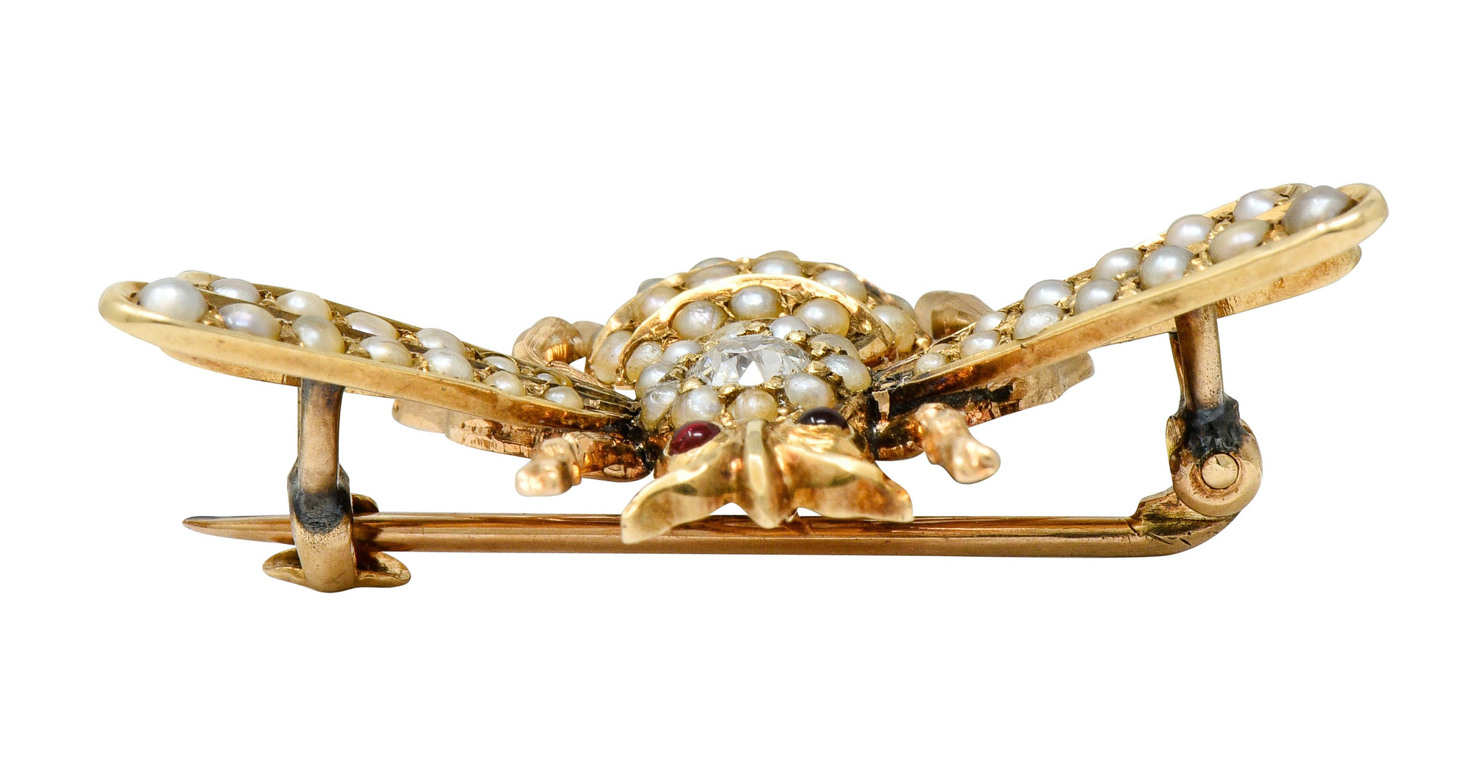 Victorian Diamond Natural Freshwater Pearl 14 Karat Gold Insect Brooch Circa 1900 - Wilson's Estate Jewelry