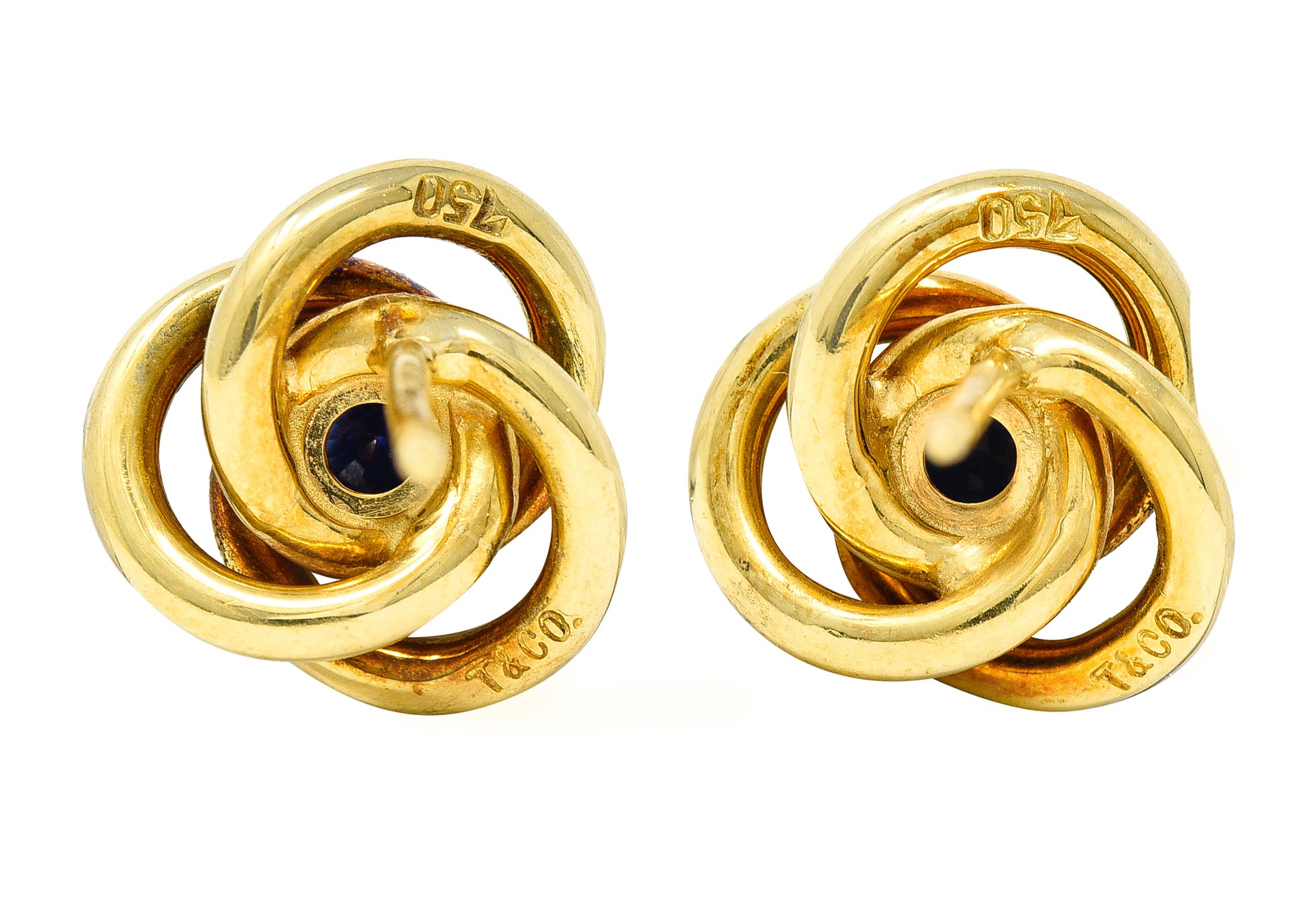 1990's Tiffany & Co. 0.50 Sapphire 18 Karat Yellow Gold Vintage Tiffany Knot Stud Earrings Wilson's Estate Jewelry