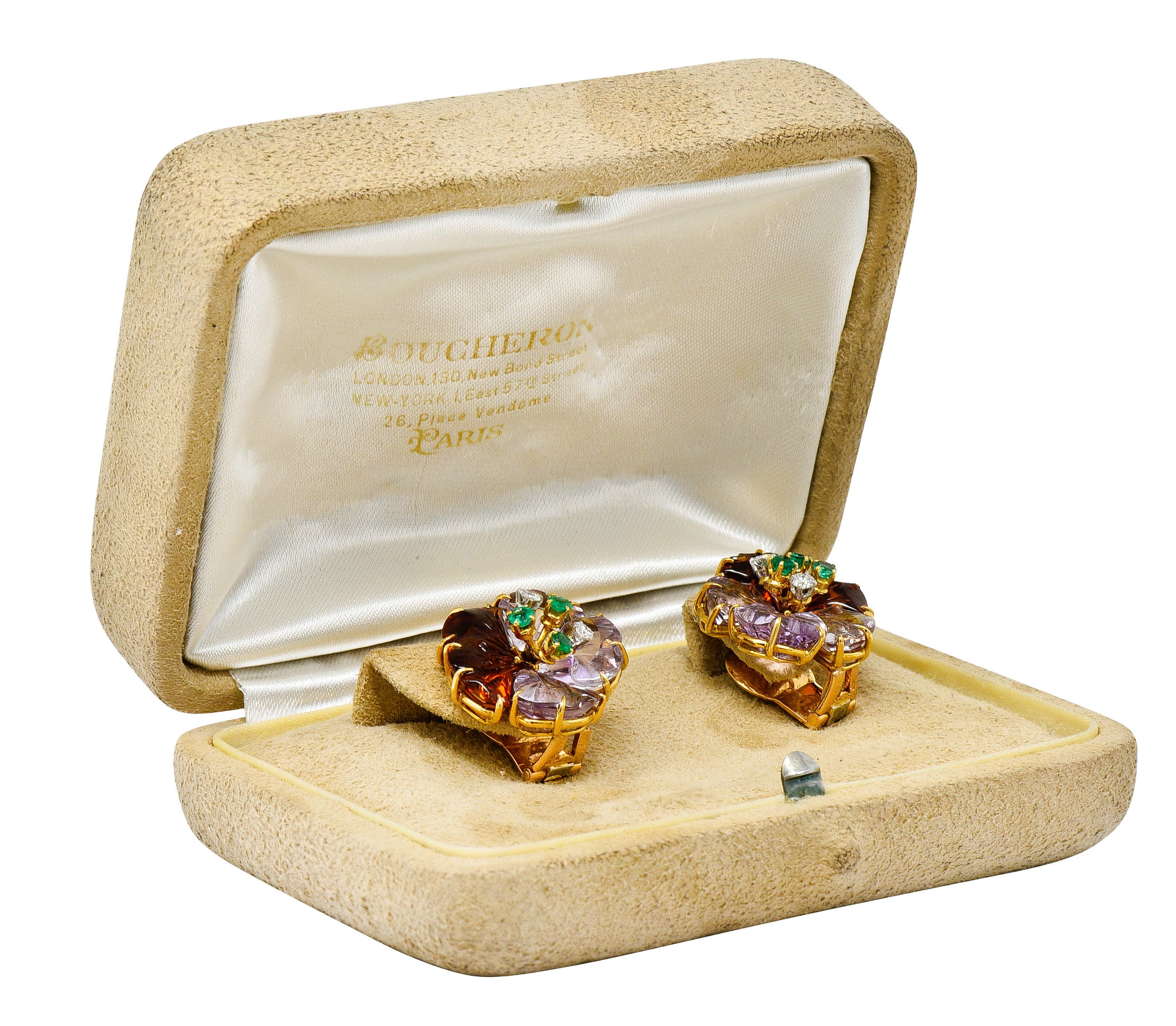 Boucheron Paris Diamond Emerald Citrine Amethyst 18 Karat Gold Flower Ear-Clip EarringsEarrings - Wilson's Estate Jewelry