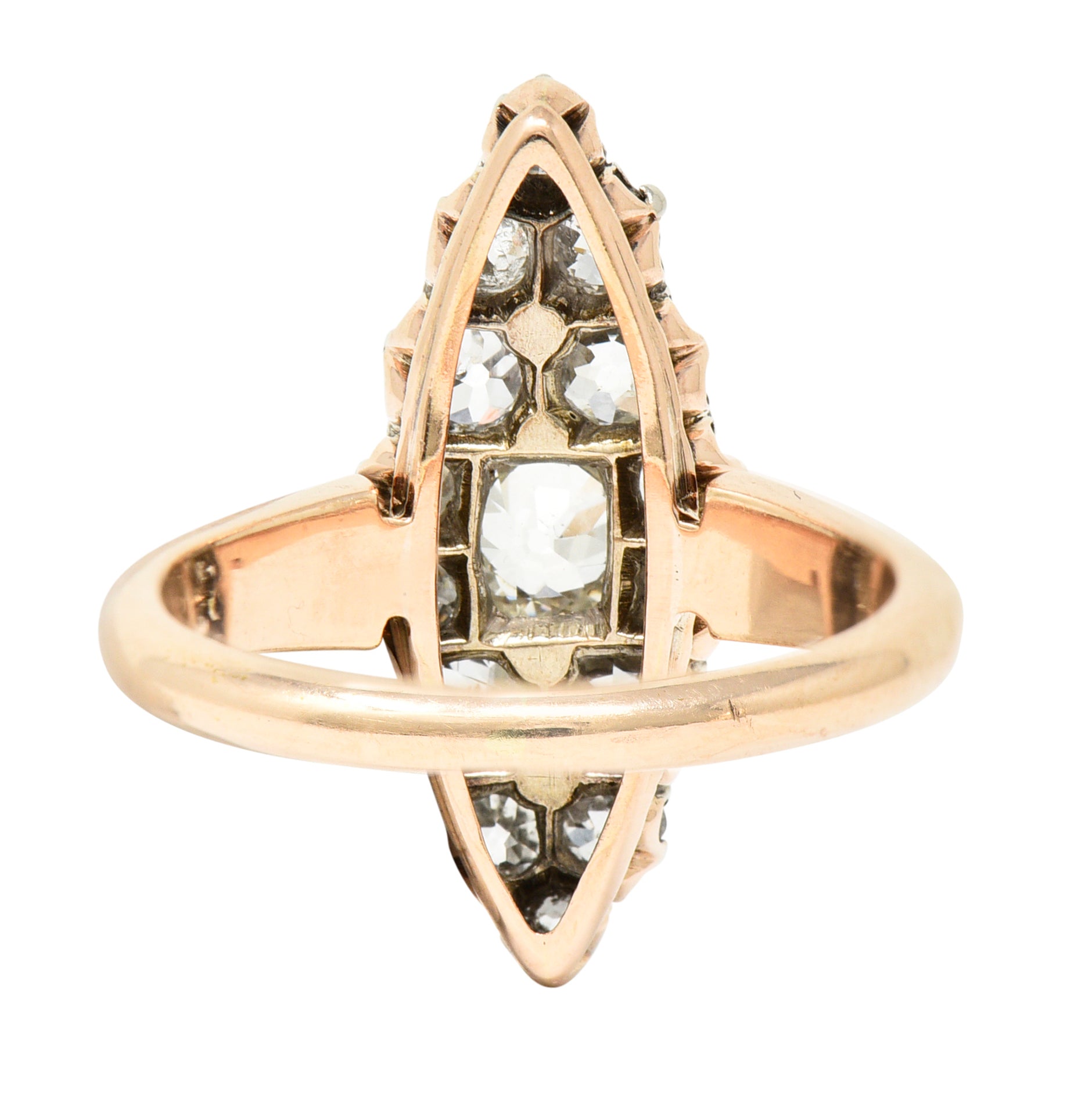 Victorian 1.16 CTW Old European Cut Diamond Platinum-Topped 14 Karat Rose Gold Antique Navette Cluster Ring Wilson's Estate Jewelry