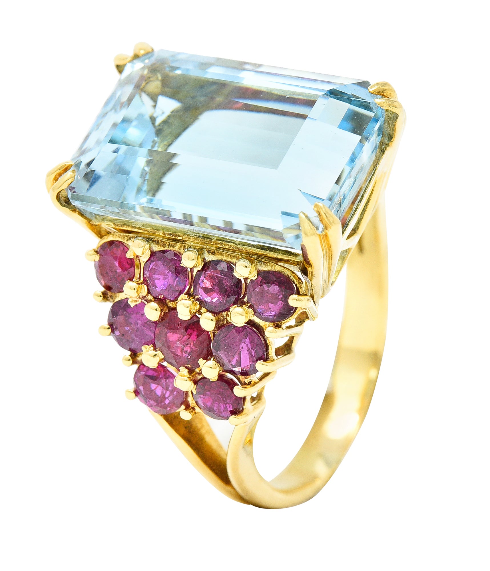 Retro 17.12 CTW Emerald Cut Aquamarine Ruby 18 Karat Yellow Gold Vintage Cocktail Ring Wilson's Estate Jewelry