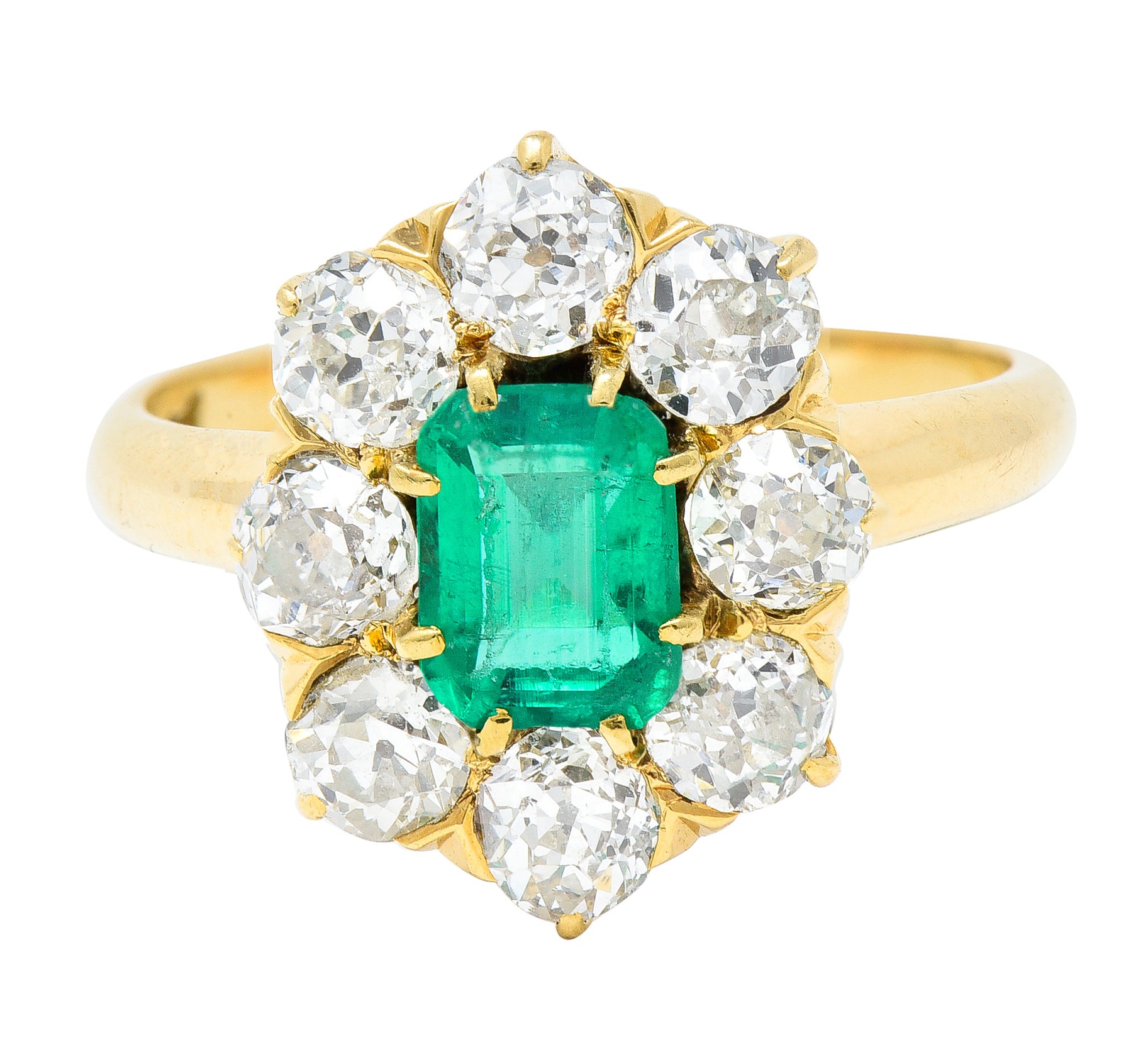 Edwardian 1.54 CTW Emerald Old European Cut Diamond 18 Karat Yellow Gold Antique Cluster Ring Wilson's Estate Jewelry