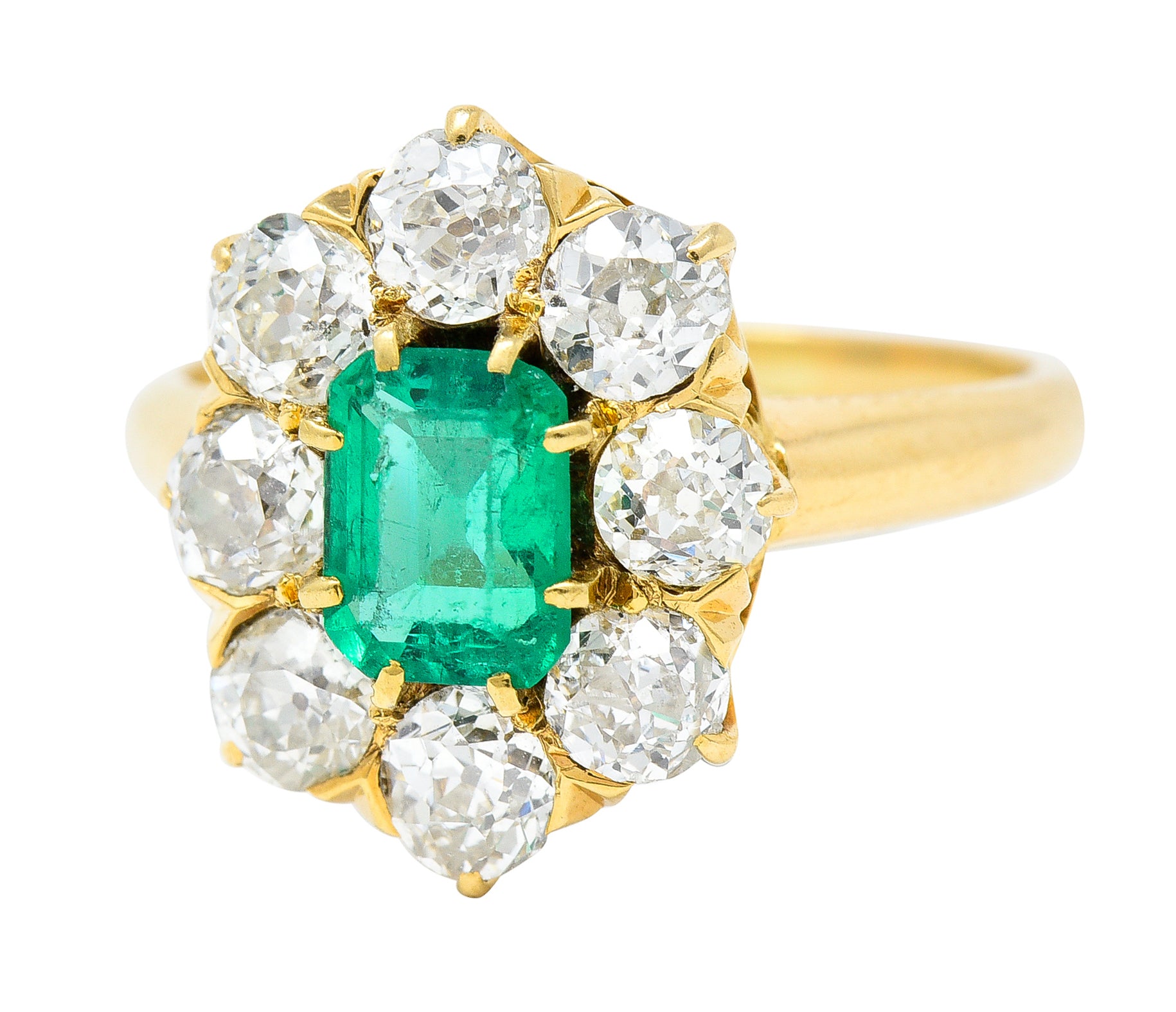 Edwardian 1.54 CTW Emerald Old European Cut Diamond 18 Karat Yellow Gold Antique Cluster Ring Wilson's Estate Jewelry