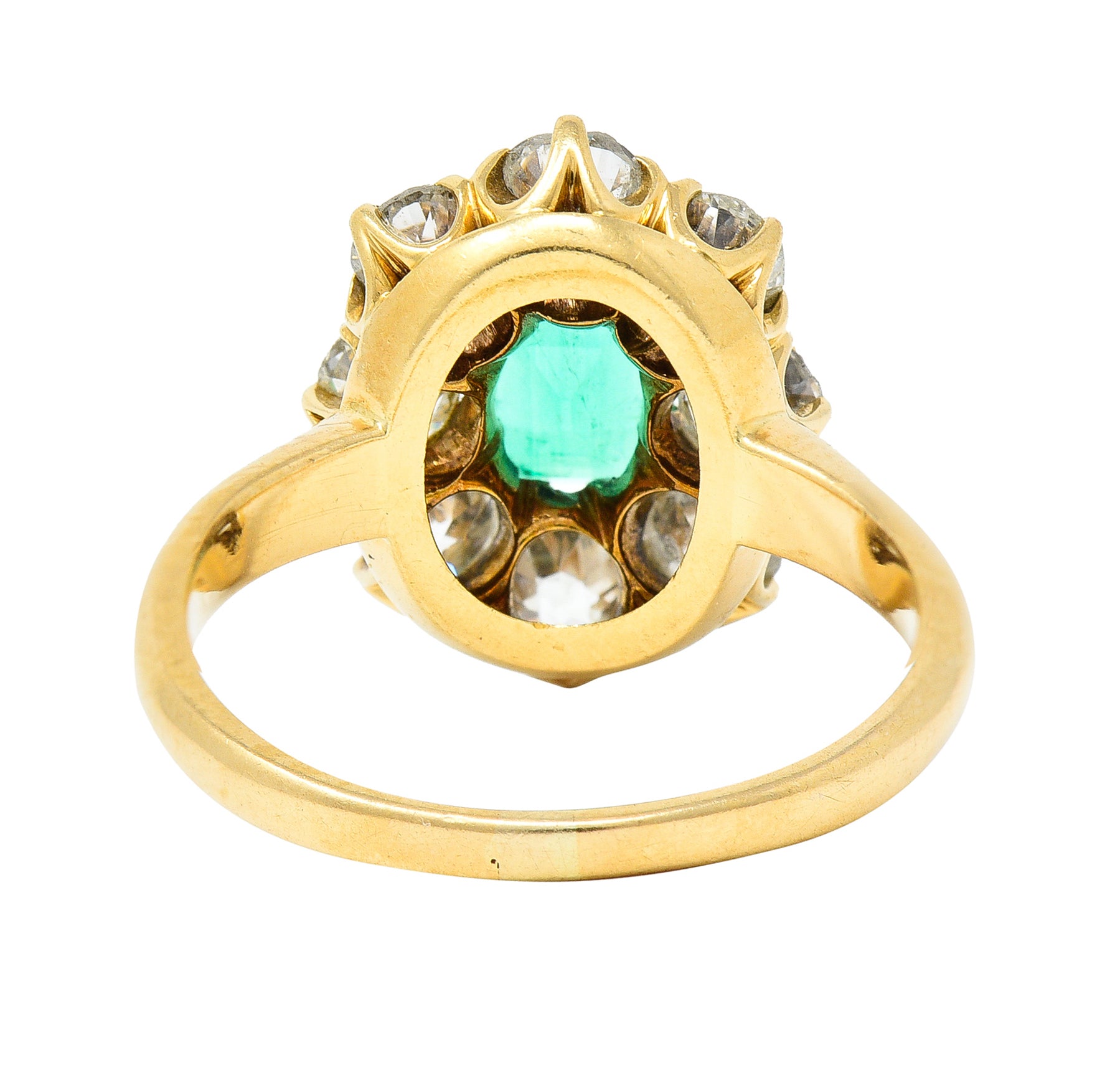 Edwardian 1.54 CTW Emerald Old European Cut Diamond 18 Karat Yellow Gold Antique Cluster Ring Wilson's Estate Jewelry