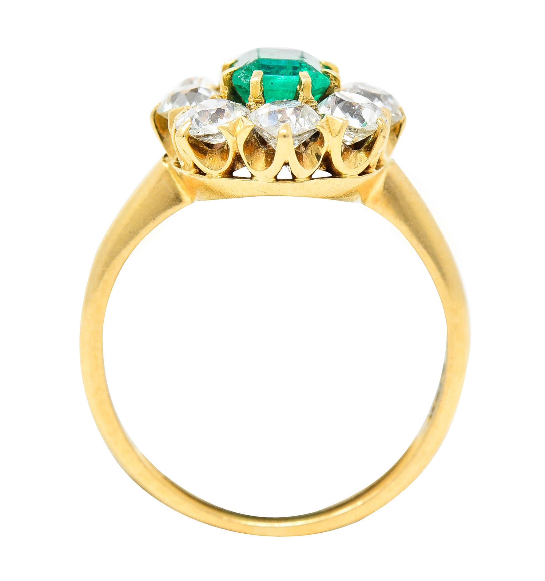 Edwardian 1.54 CTW Emerald Old European Cut Diamond 18 Karat Yellow Gold Antique Cluster Ring Wilson's Estate Jewelry