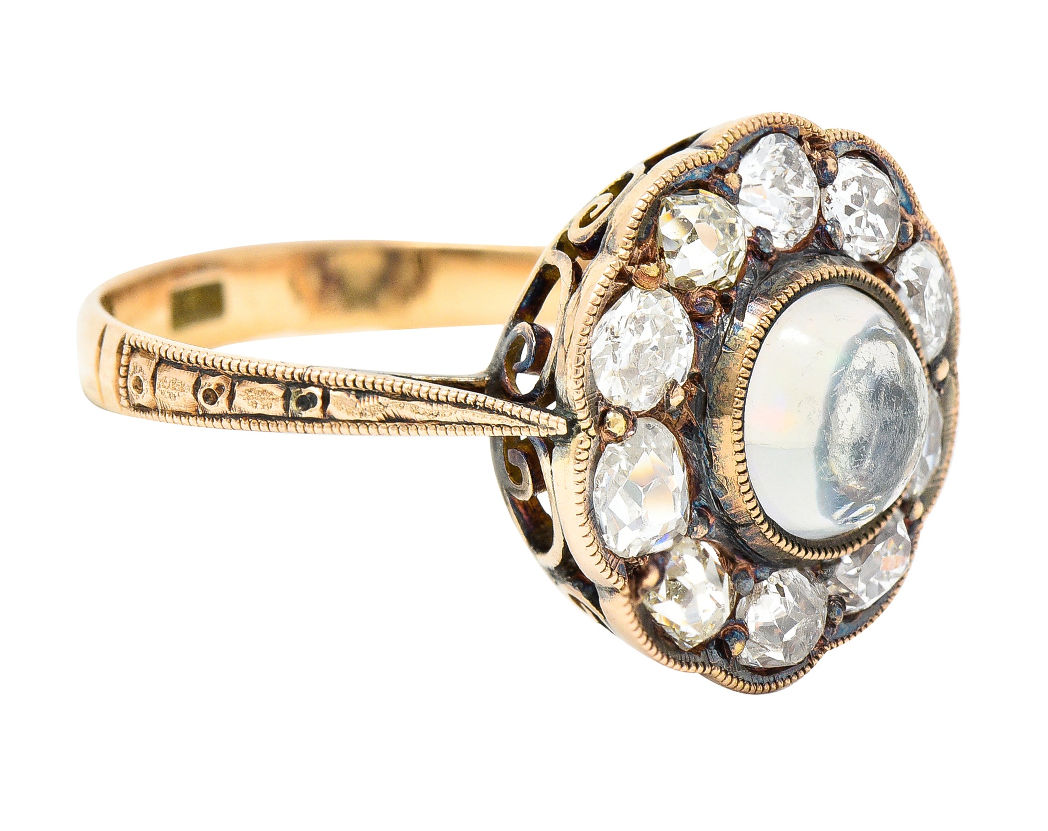 Victorian 1.08 CTW Jelly Opal Cabochon Old Mine Cut Diamond 18 Karat Rose Gold Antique Halo Ring Wilson's Estate Jewelry