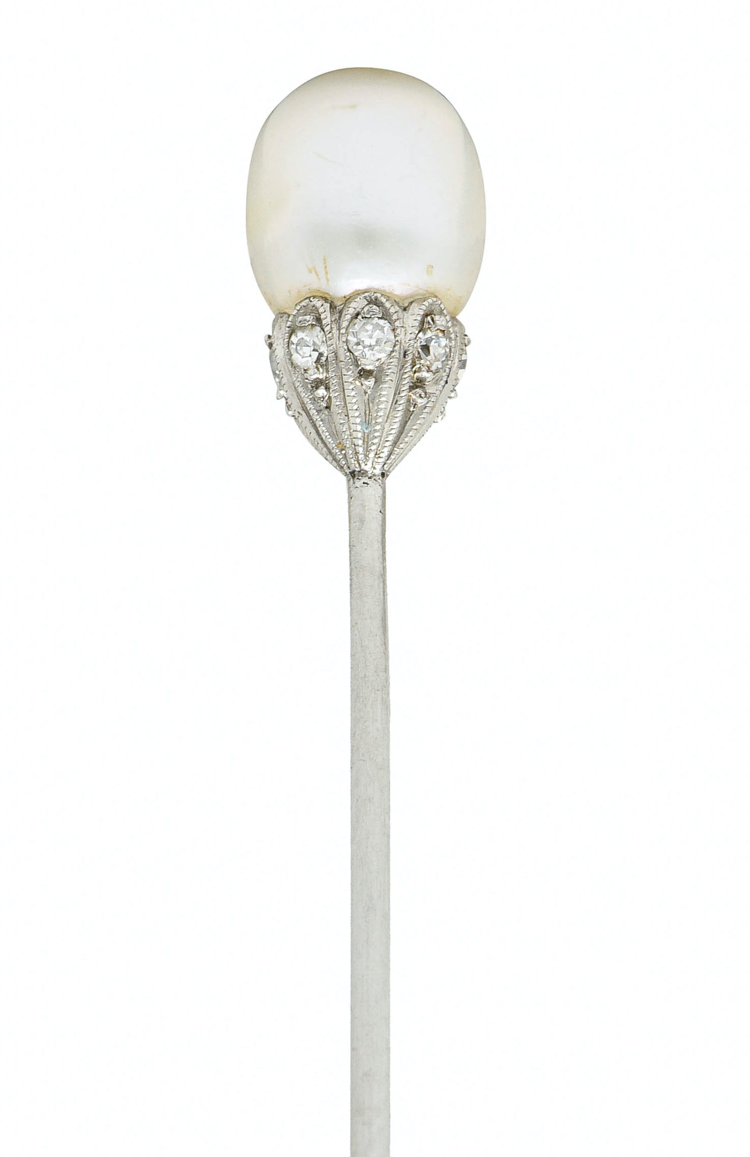 Edwardian Natural Freshwater Pearl Diamond Platinum Stickpin GIAStick Pin - Wilson's Estate Jewelry