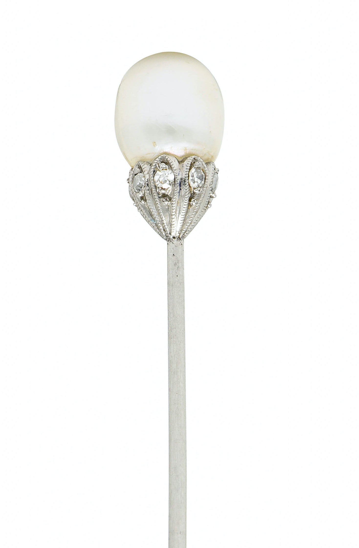 Edwardian Natural Freshwater Pearl Diamond Platinum Stickpin GIAStick Pin - Wilson's Estate Jewelry