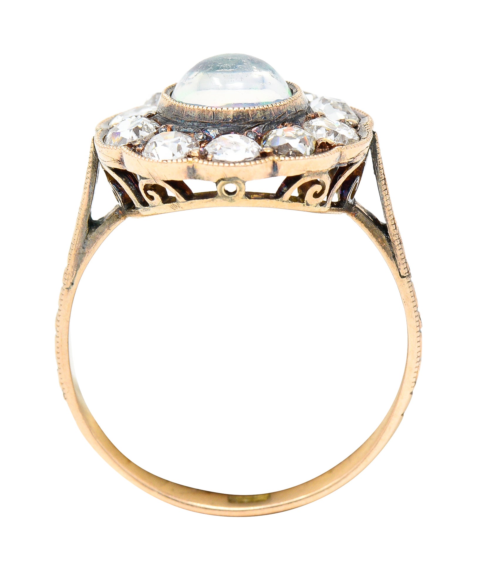 Victorian 1.08 CTW Jelly Opal Cabochon Old Mine Cut Diamond 18 Karat Rose Gold Antique Halo Ring Wilson's Estate Jewelry