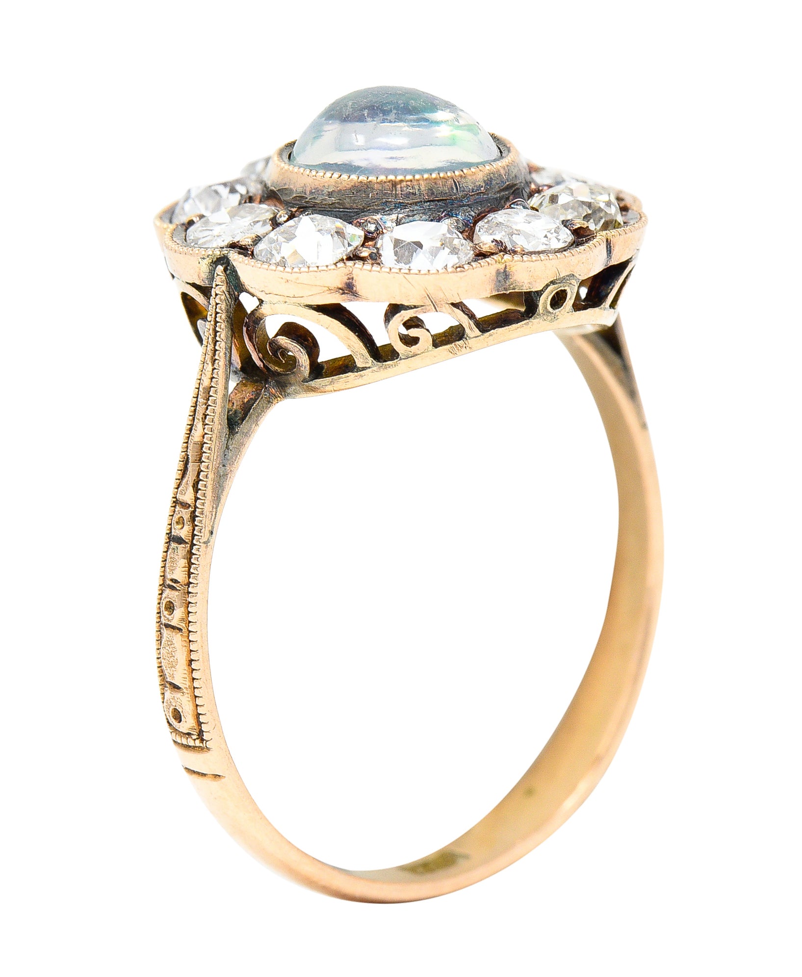 Victorian 1.08 CTW Jelly Opal Cabochon Old Mine Cut Diamond 18 Karat Rose Gold Antique Halo Ring Wilson's Estate Jewelry