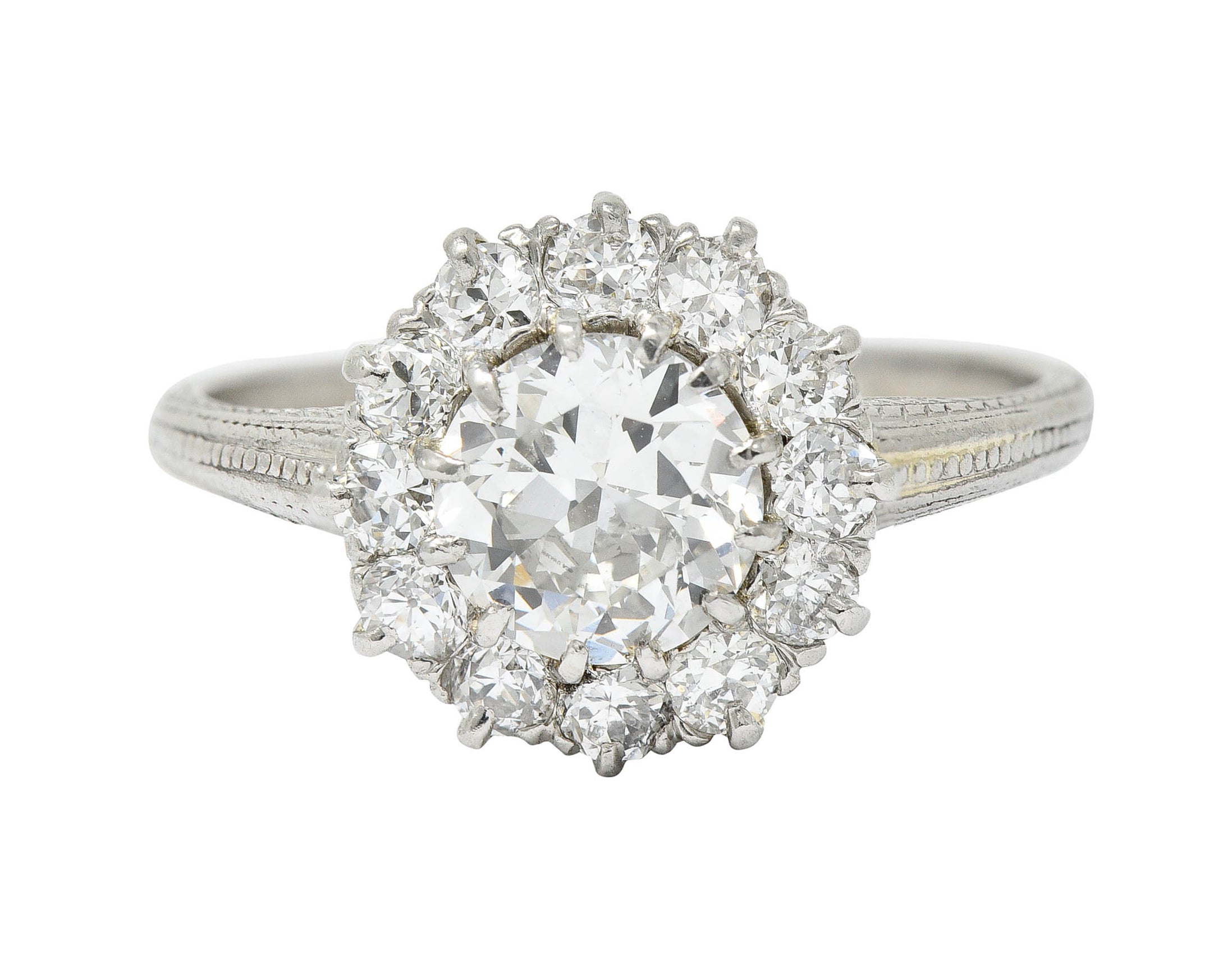 Early Art Deco 1.50 CTW Diamond Platinum Cluster Engagement Ring GIARing - Wilson's Estate Jewelry