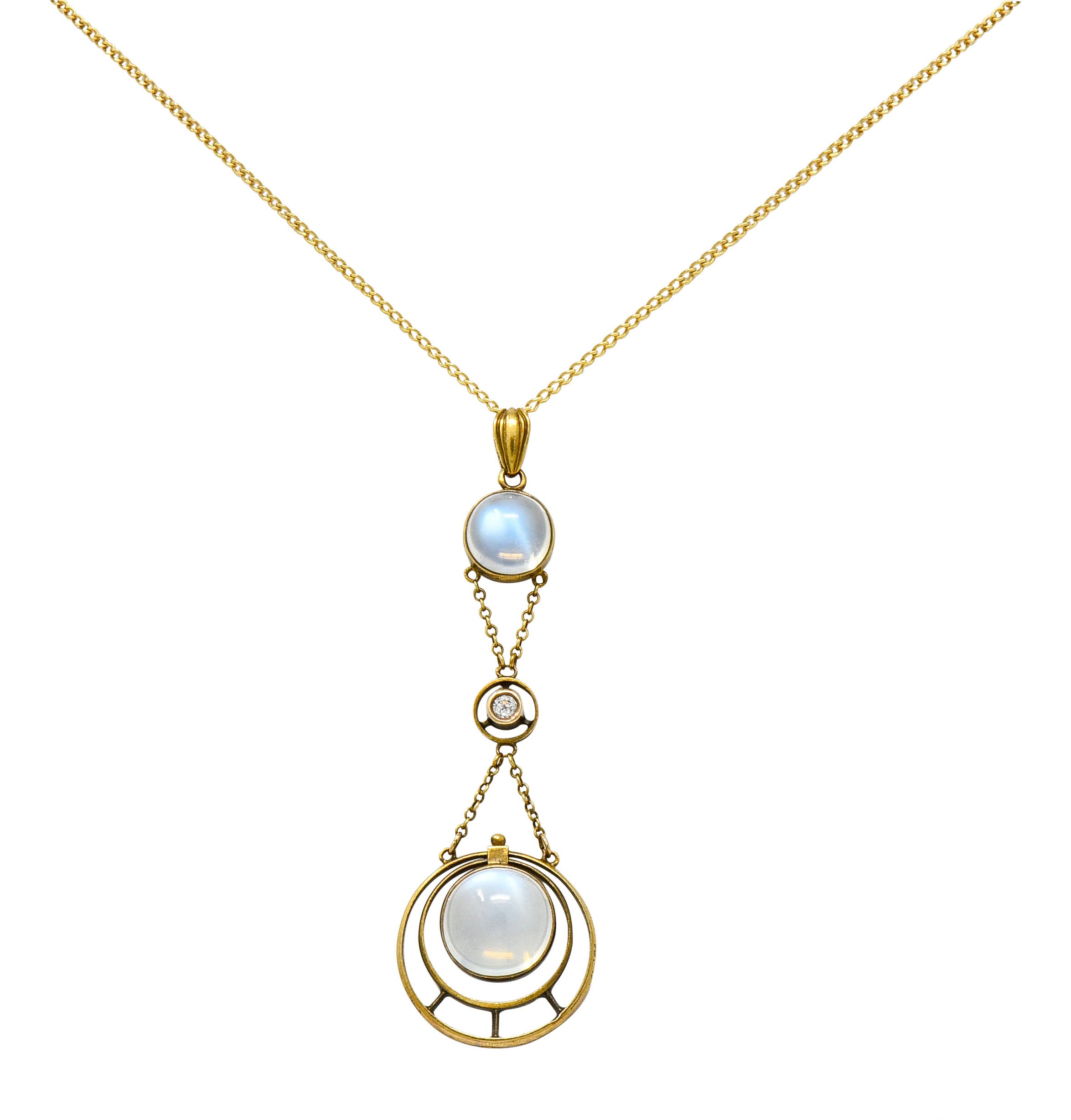 Art Nouveau Moonstone Diamond 14 Karat Gold Drop Swag Necklace - Wilson's Estate Jewelry